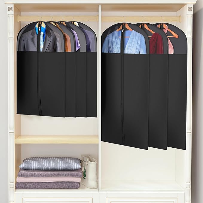 Univivi Long Garment Bags for Hanging Clothes, 54" Dress Bags for Gowns Long for Closet Storage with Large Visible Window for Long Suits, Coats, Dresses, 6 Pack, Black