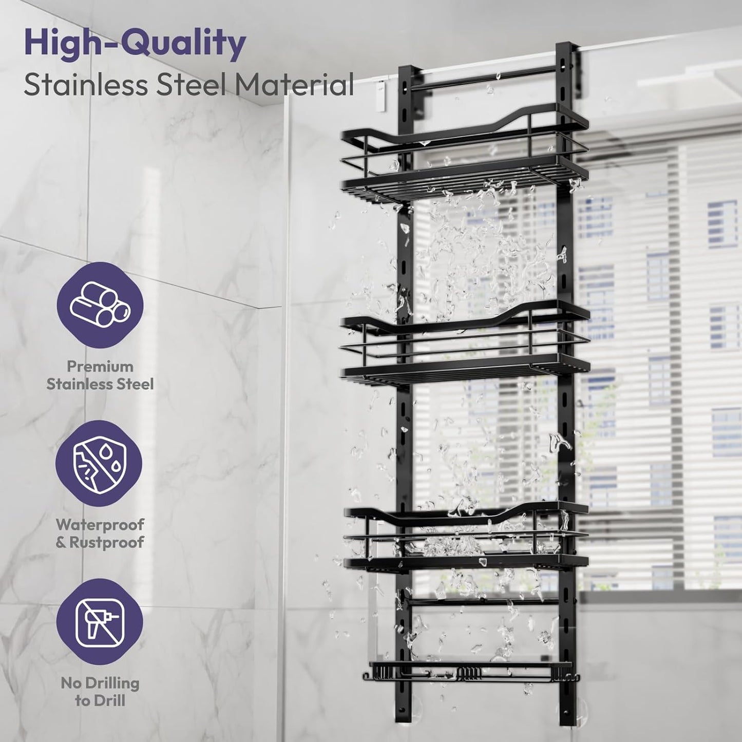 SWTYMIKI Over the Door Shower Caddy - 4 Tier Adjustable Shower Organizer Hanging with Soap Holder, No Drilling Stainless Steel Bathroom Rack Hanging for Body Wash, Shampoo, Soap, Razor, Black