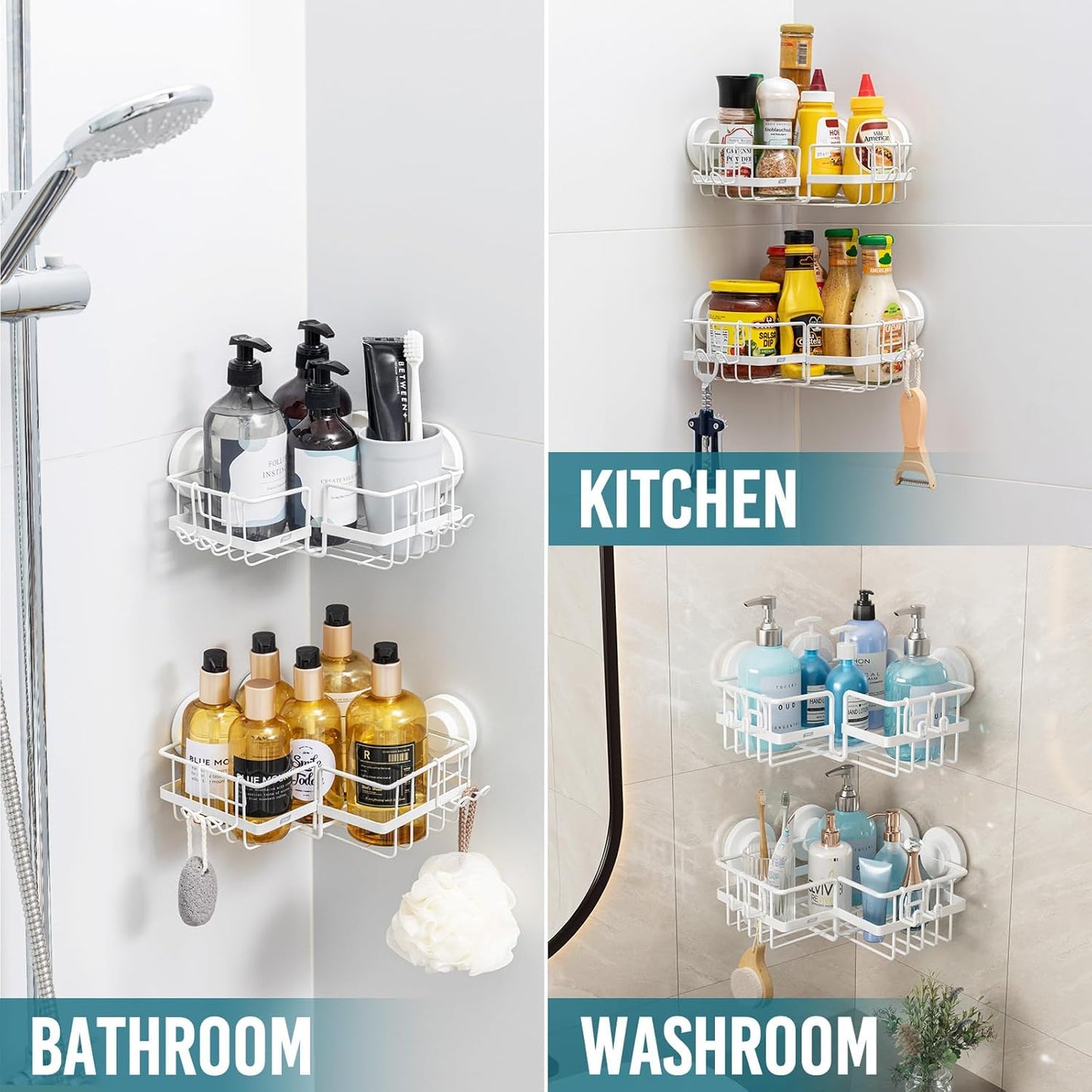 TAILI Corner-adaptive Suction Cup Shower Caddy 2 Pack, Stainless Steel Rustproof Corner Shower Shelves, Drill-Free Wall Mounted Baskets, Large Capacity Removable Suction Cup Bathroom Organizer, White