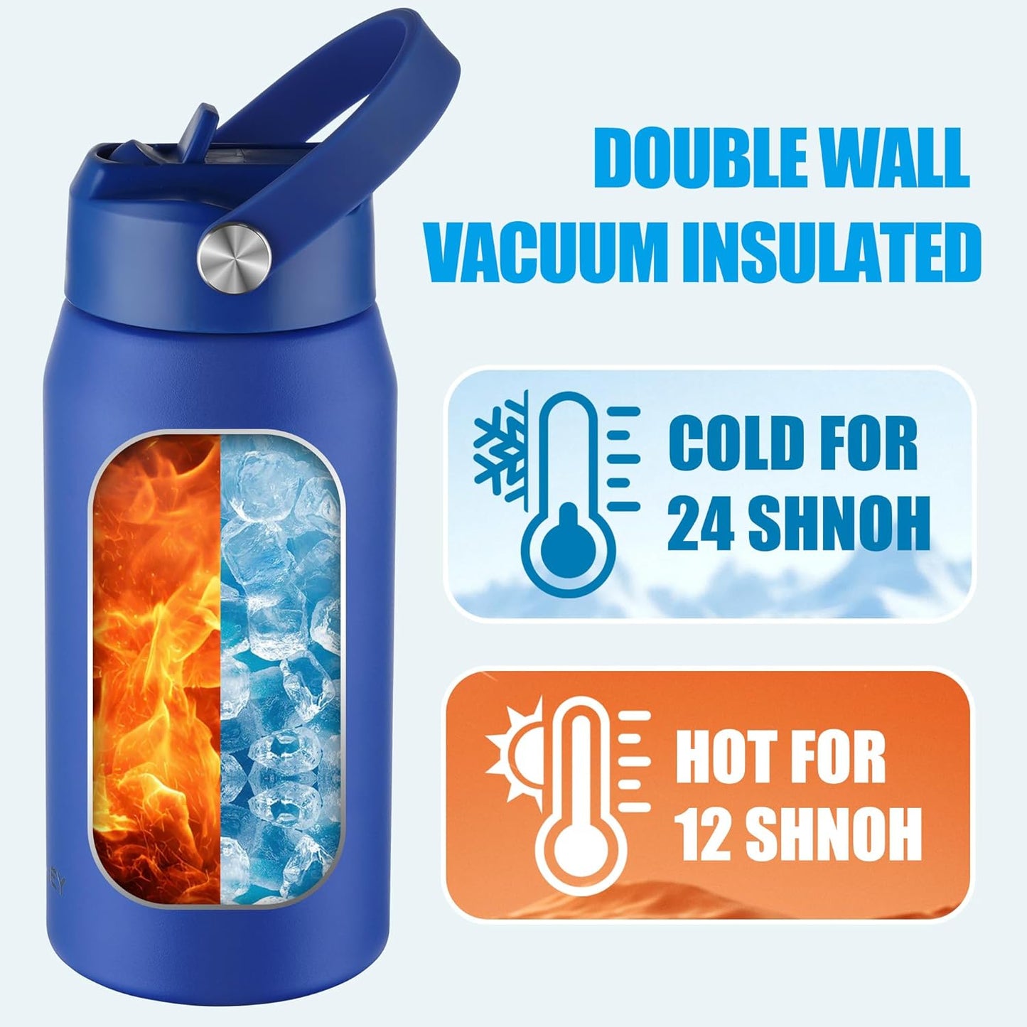 OLDLEY kids Water Bottle - 18oz Insulated Stainless Steel - Wide Straw Lid, Non Spill, Leakproof, Kids Water Bottle for School,Blue