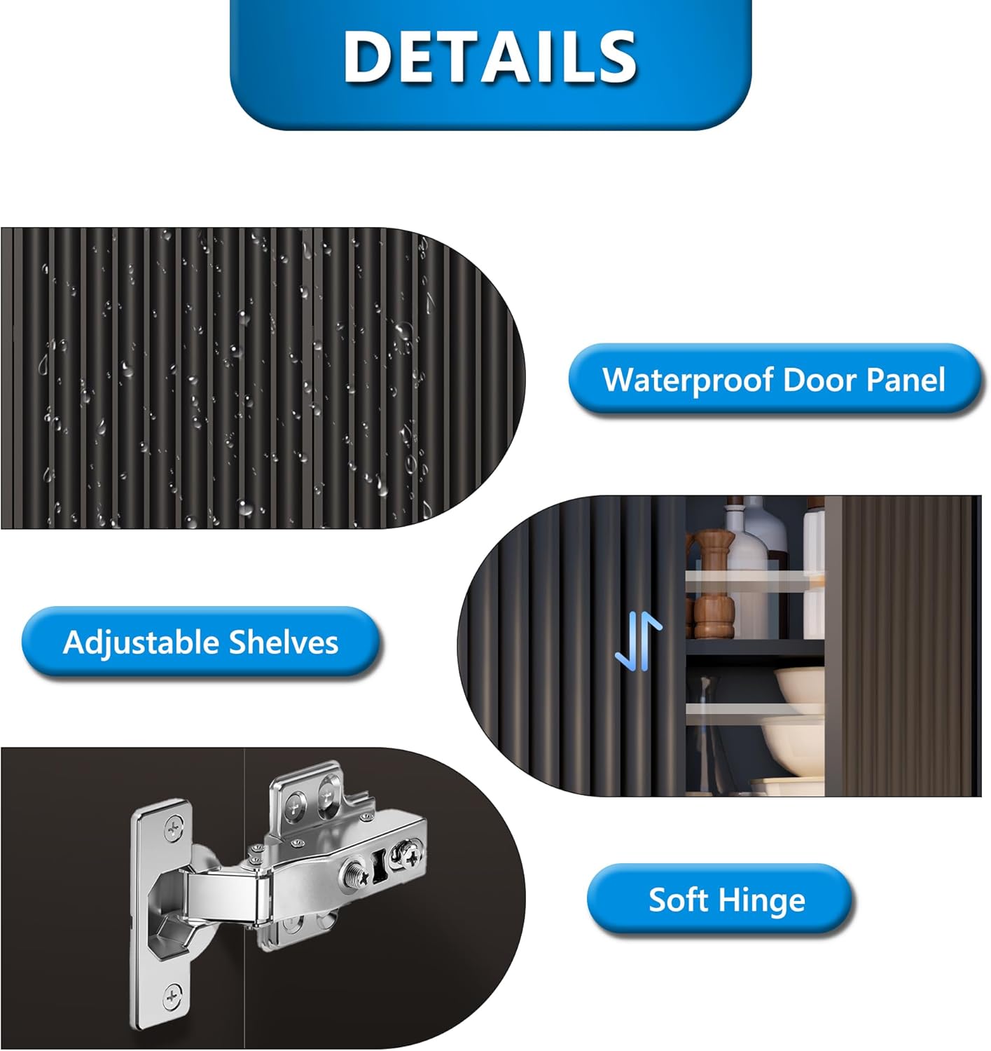 Fluted Bathroom Wall Cabinet,Medicine Cabinet with Adjustable Shelf,Over The Toilet Storage Cabinet for Laundry,Hanging Cabinet,Kitchen and Living Room Cabinets (Black)