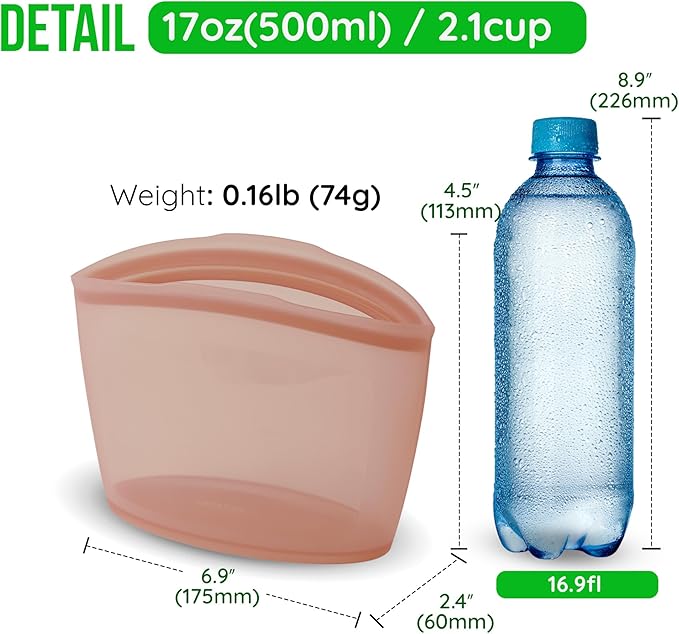 Premium Platinum Silicone Reusable Food Storage Bag 2.1 Cup (17 fl oz), Airtight Zip Lock Bags for Food, BPA-Free Silicone Freezer Bags, Microwave Safe Sous Vide Container, Dry Rose