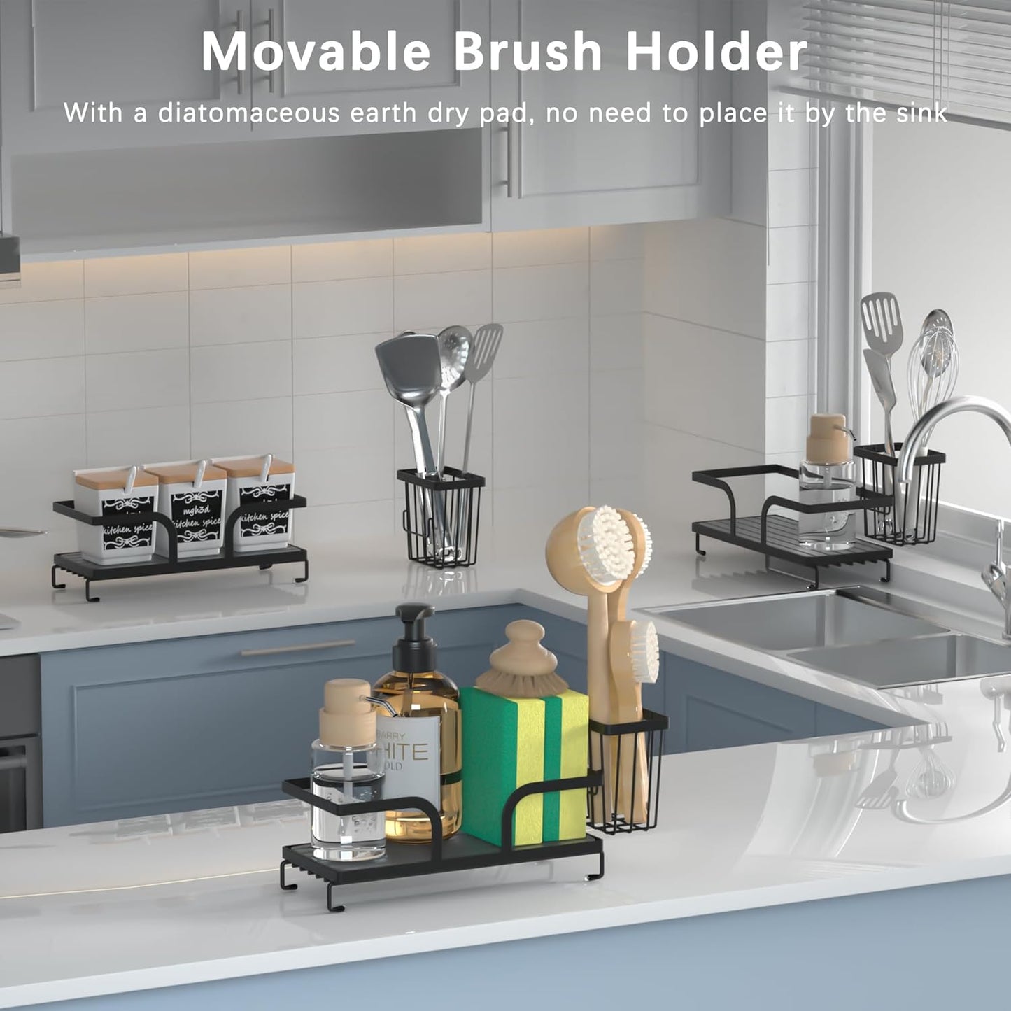 Sponge Holder for Kitchen Sink,Sink Caddy Organizers with Stone Drying Tray, Kitchen Sink Organizer for Sponges, Soap, 9.7" x 4.2"x 3.2" Home Decor Storage and Organization,1PCS Black