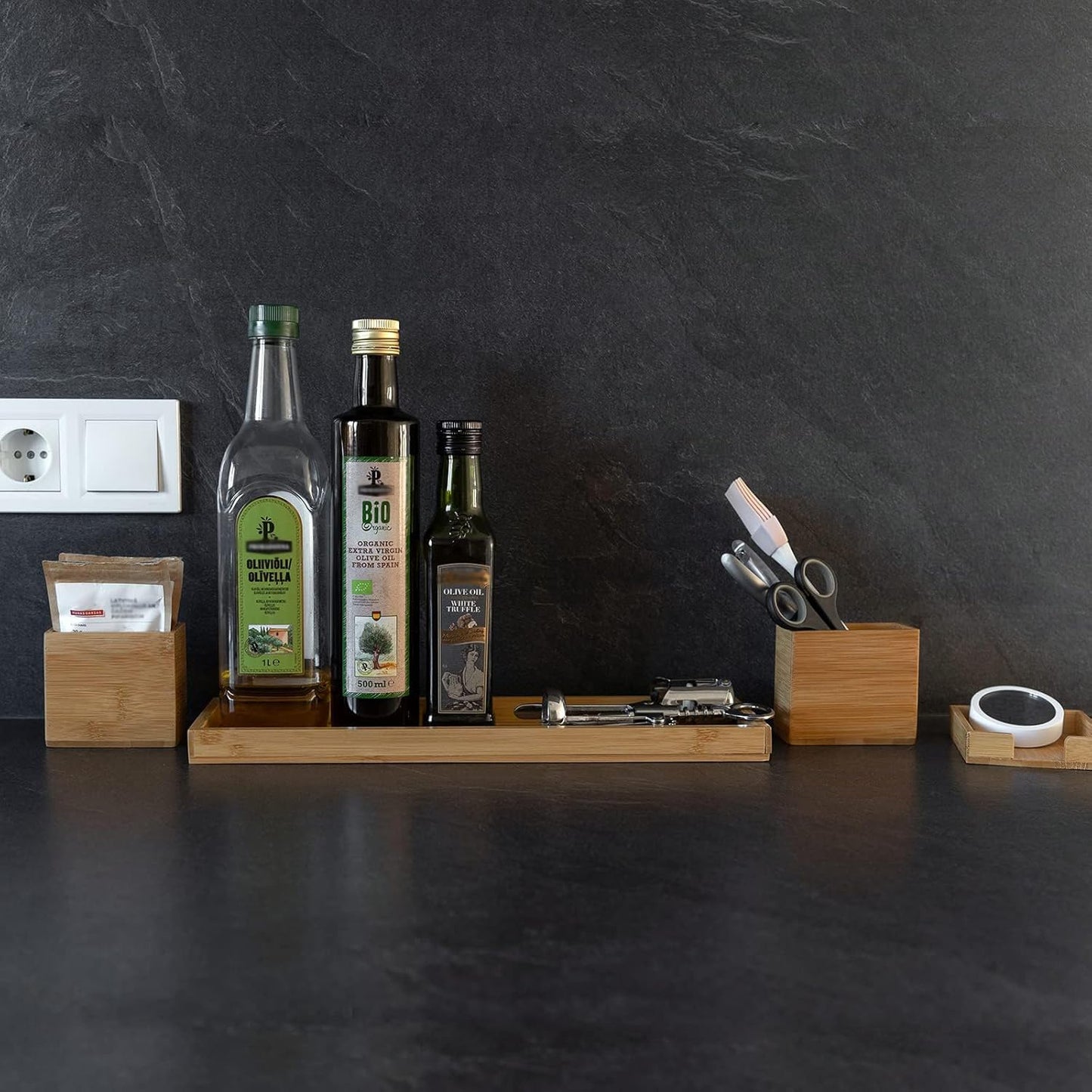 Bamboo Vanity Tray, 6-Piece Bathroom Countertop Vanity Tray Set, Makeup Kitchen Desk Organizer and Storage - Holds Small Items