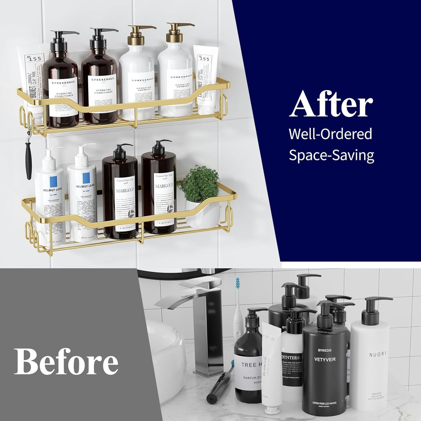 Kitsure Shower Caddy Large - Adhesive Shower Organizer, Stainless Steel Shelf for Inside Shower, No Drill Bathroom Organizers and Storage, Home Decor Accessories, 2 Pack, Gold