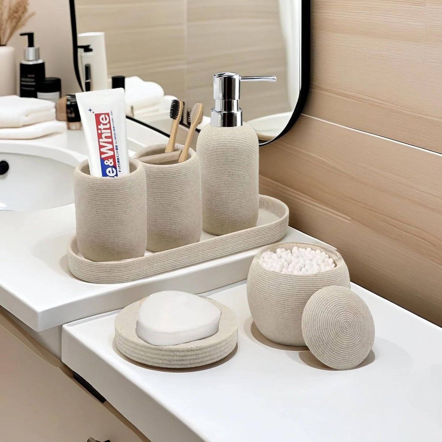 Bathroom Accessory Set, 6PCS Beige Bathroom Accessories - Soap Dish, Lotion Dispenser, Toothbrush Holder, Mouthwash Cup, Tray, Cotton Ball Jar, Aesthetic Decor Bathroom Sets
