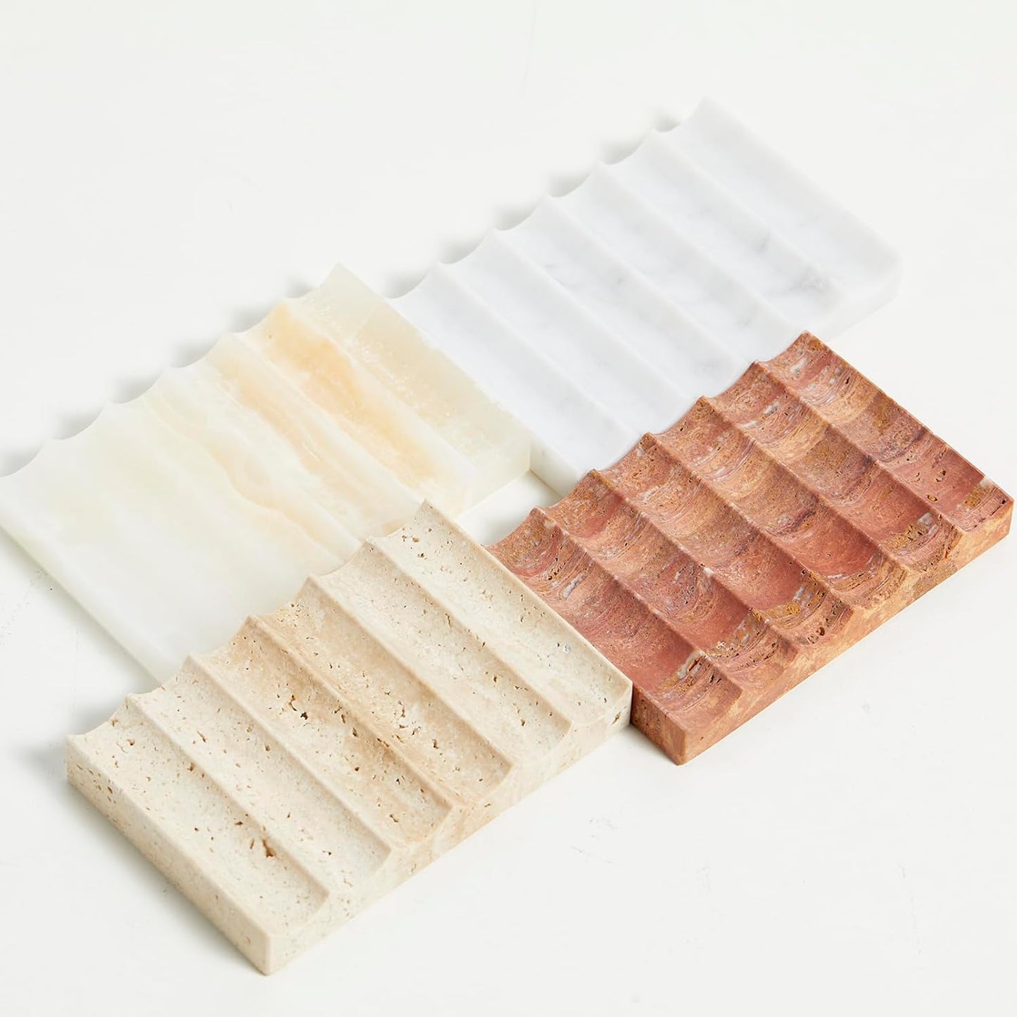 Luxurious Marble Soap Dish Jewelry Ring Tray - Rectangle Stone Soap Tray & Saver for Shower – Self Draining Soap Holder for Bathroom, Kitchen, Red Travertine