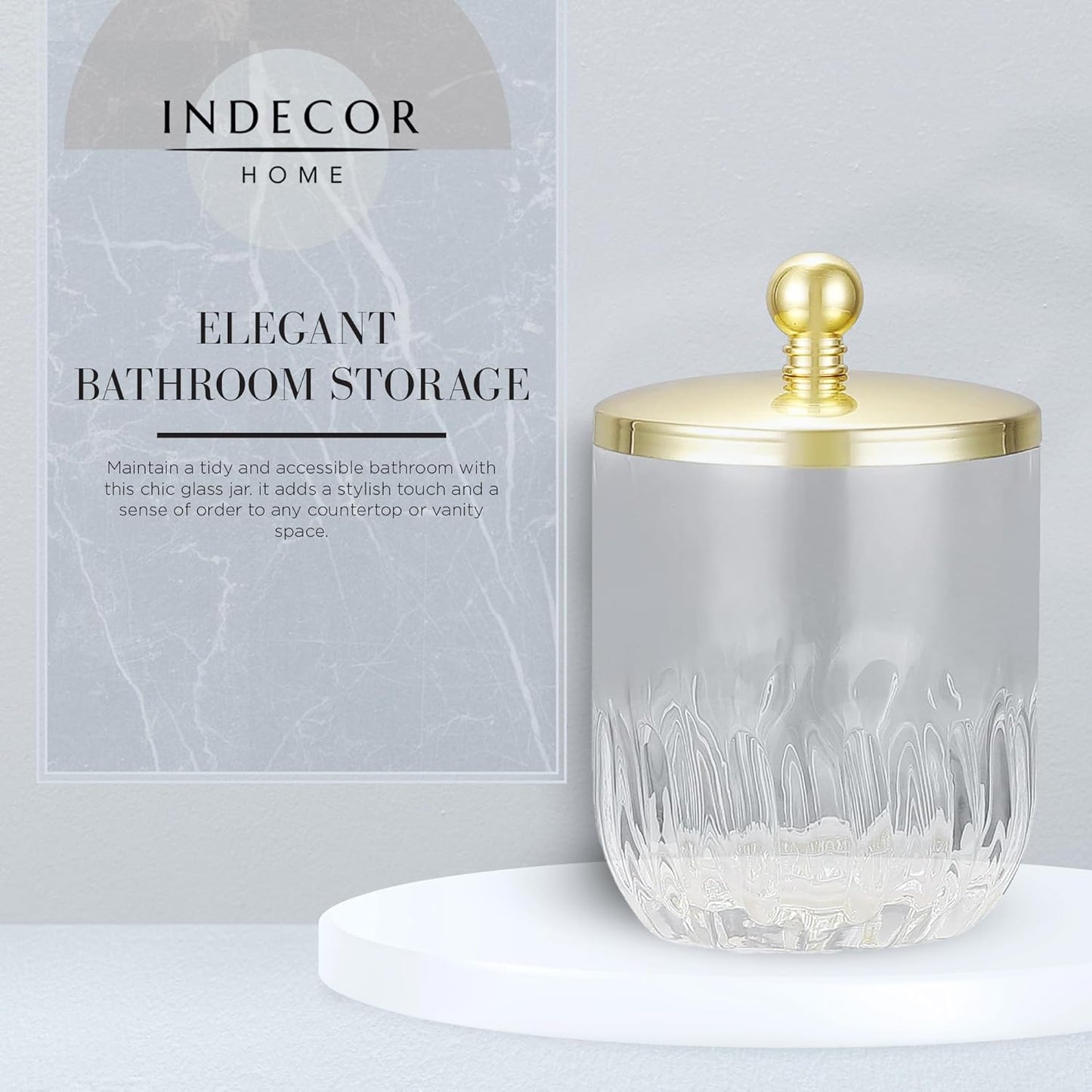 Clear Transparent Apothecary Vertical Wavy Glass Jar With Gold Metal Lid Cover for Bathroom Organization, Cotton Balls, Q Tips, and Small Accessories, Bathroom Storage