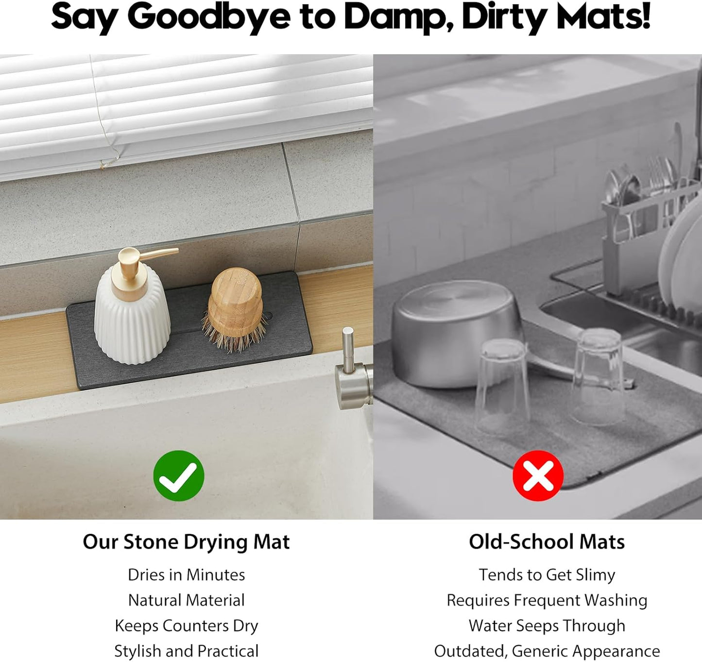 2 Pack Diatomite Stone Sink Tray, Water Absorbing Mat for Kitchen & Bathroom Counter, Quick Dry Soap Dish Makeup Vanity Caddy,Sponge Holder Organizer, Dark Gray - 2pcs of 9"x 3.5"