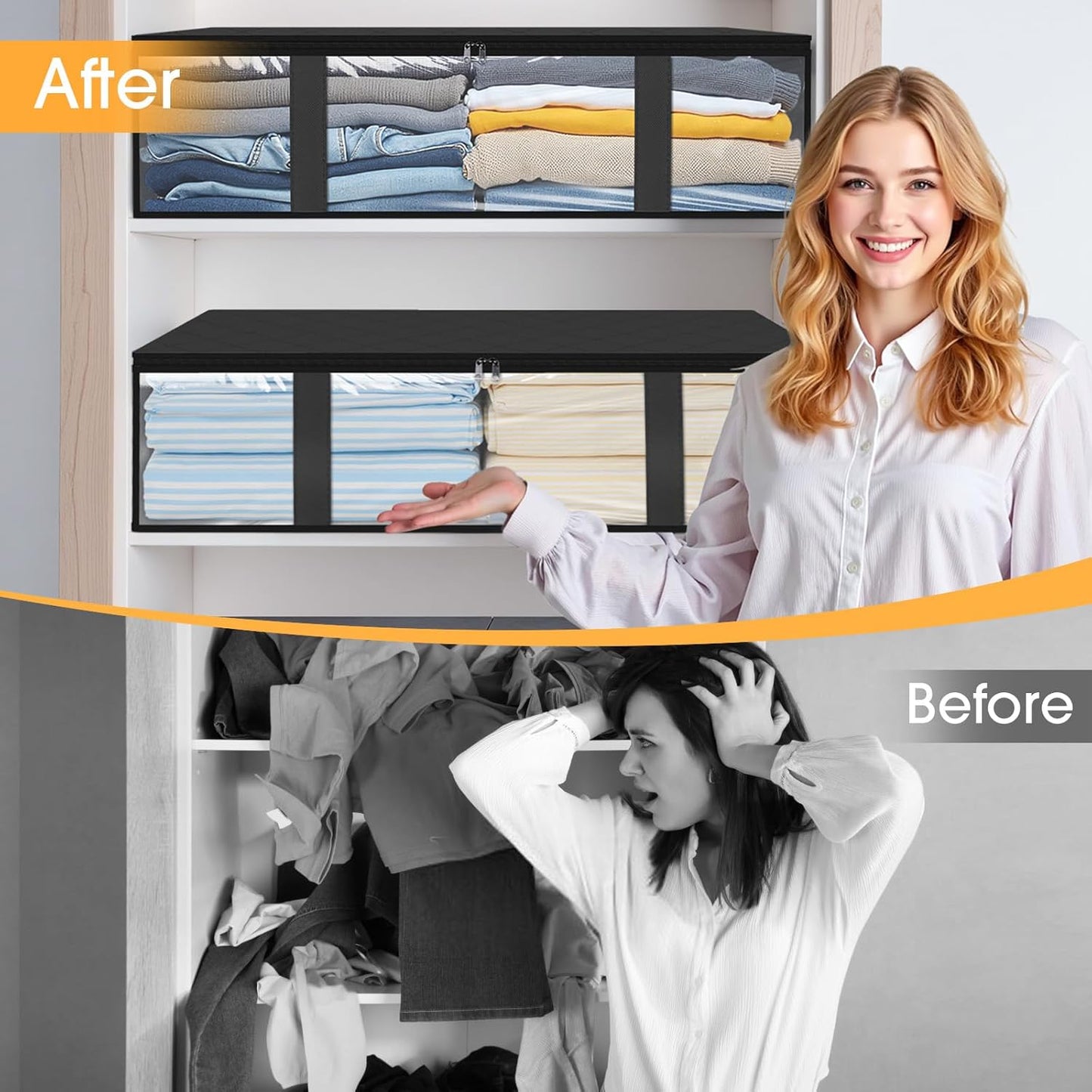 StorageRight Under Bed Storage Bins, 8-Pack 40L Foldable Fabric Storage Bags with Transparent Window, Breathable Organizer for Clothes/Blanket/Comforter/Quiltr, Black