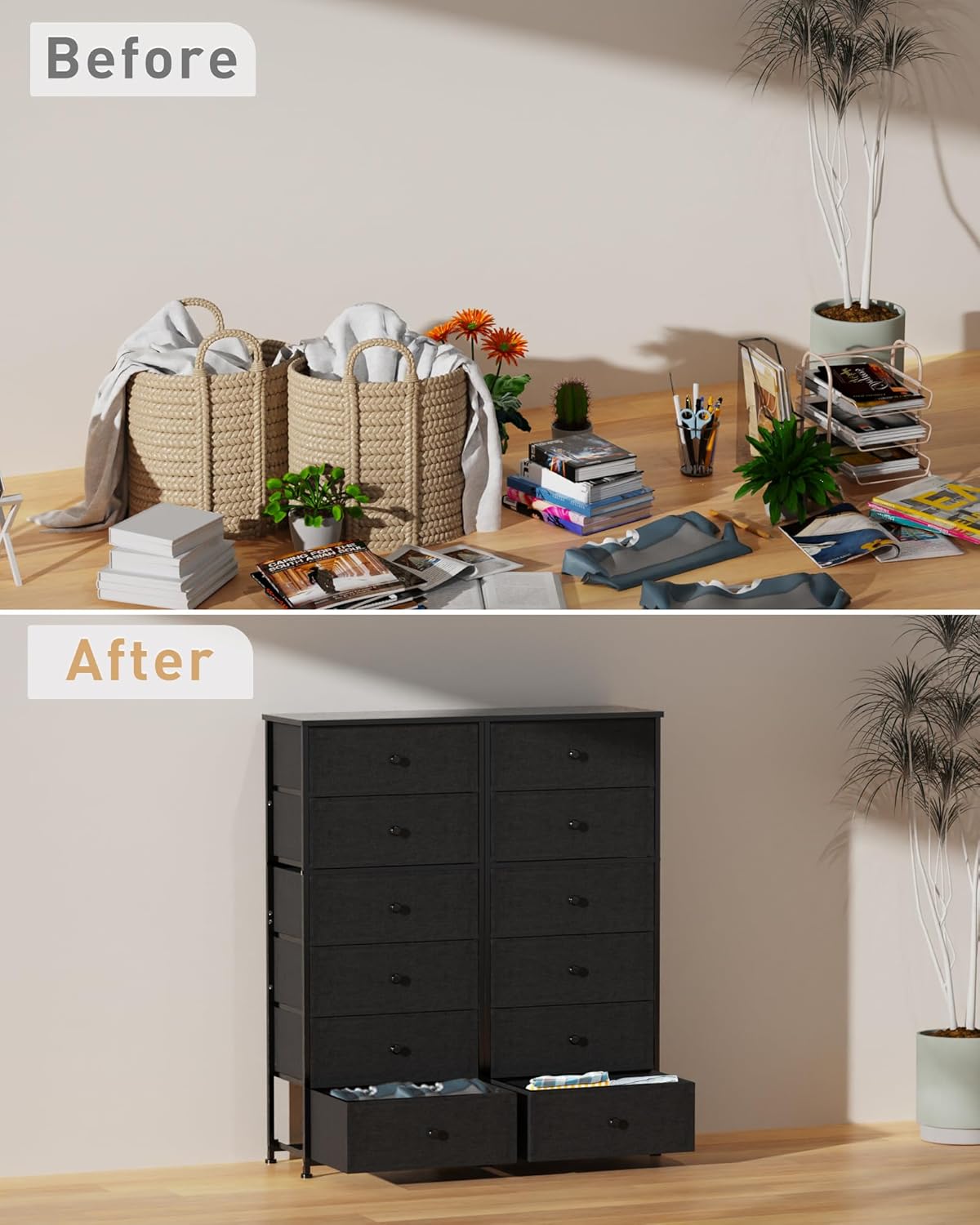 Tall Fabric Dresser for Bedroom, Vertical Storage Organizer Tower with 6 Drawers, Chest of Drawers with Bins, Steel Frame, Wood Top for Bedroom, Closet, Entryway Black