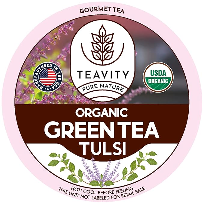 Organic Tulsi Tea Pods with Unsweetened Caffeinated Green Tea Pods for Keurig - Tulsi Green Tea by Teavity (24 Tea Pods)