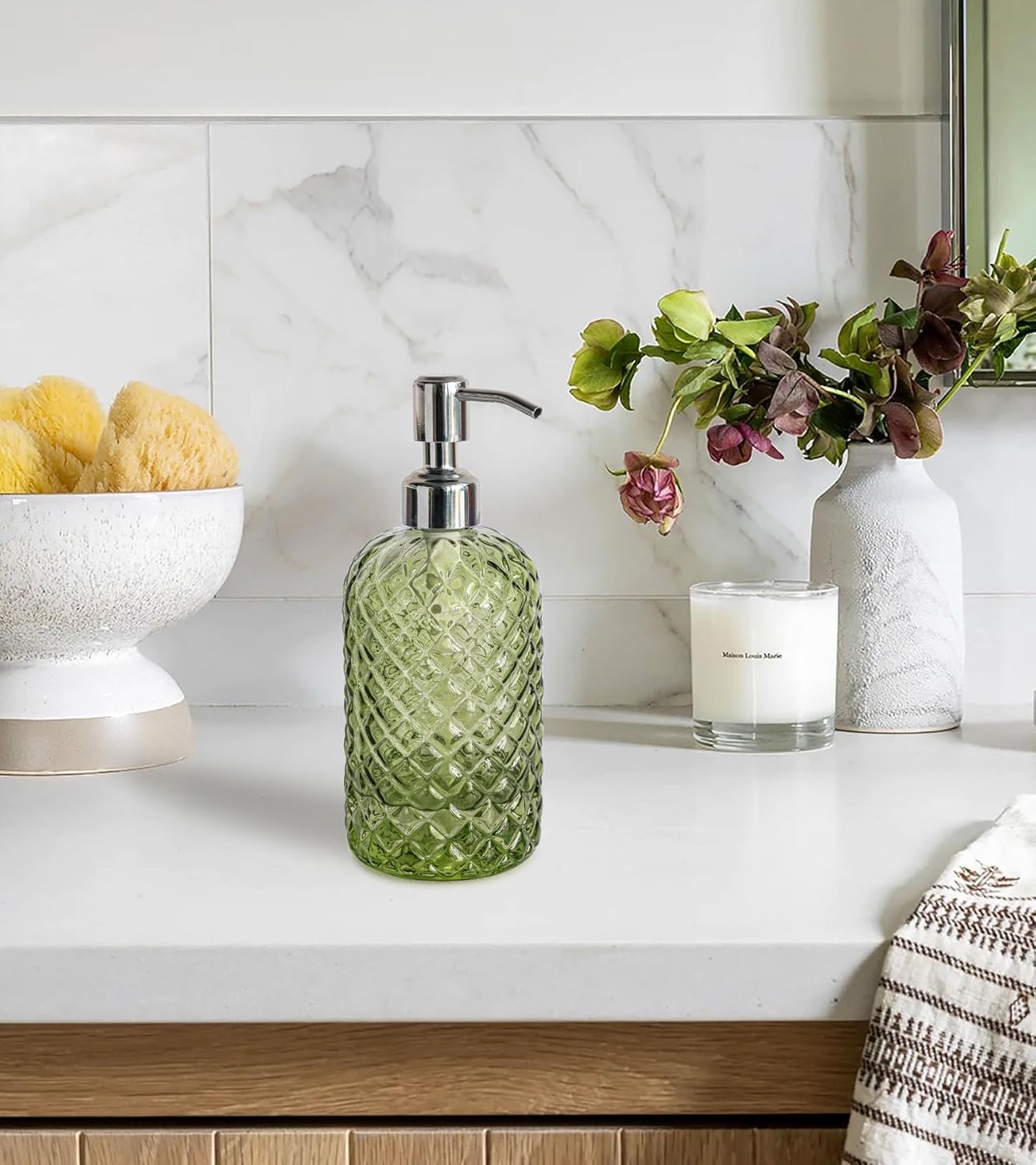 JASAI 18Oz Tea Green Soap Dispenser with Rust Proof Pump, Refillable Glass Soap Dispenser for Bathroom & Kitchen to Dispense Dish Soap, Hand soap, Lotion.