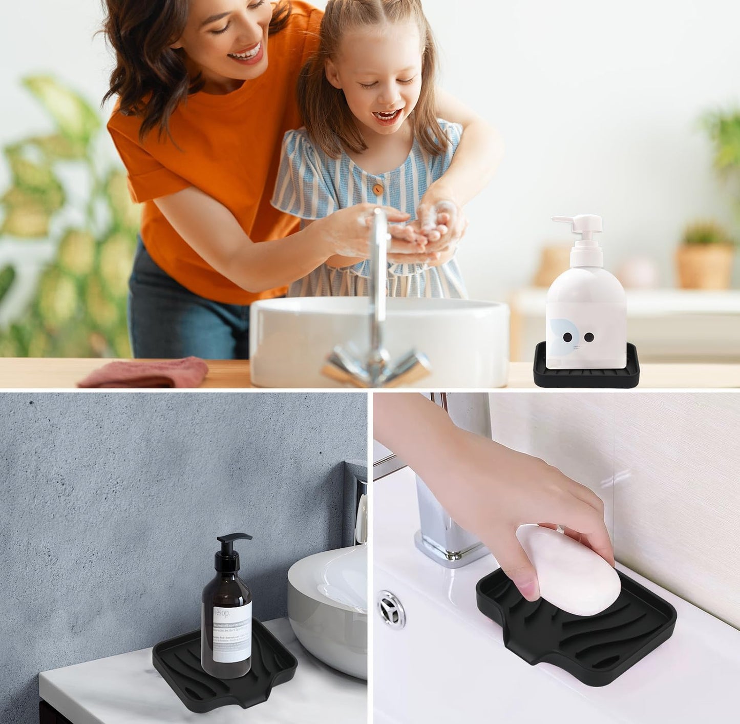 2 Pack Silicone Soap Dish with Drain, Bar Soap Holder for Shower,Bathroom and Kitchen Sink Organizer,Self Draining Waterfall Soap Tray (Black)