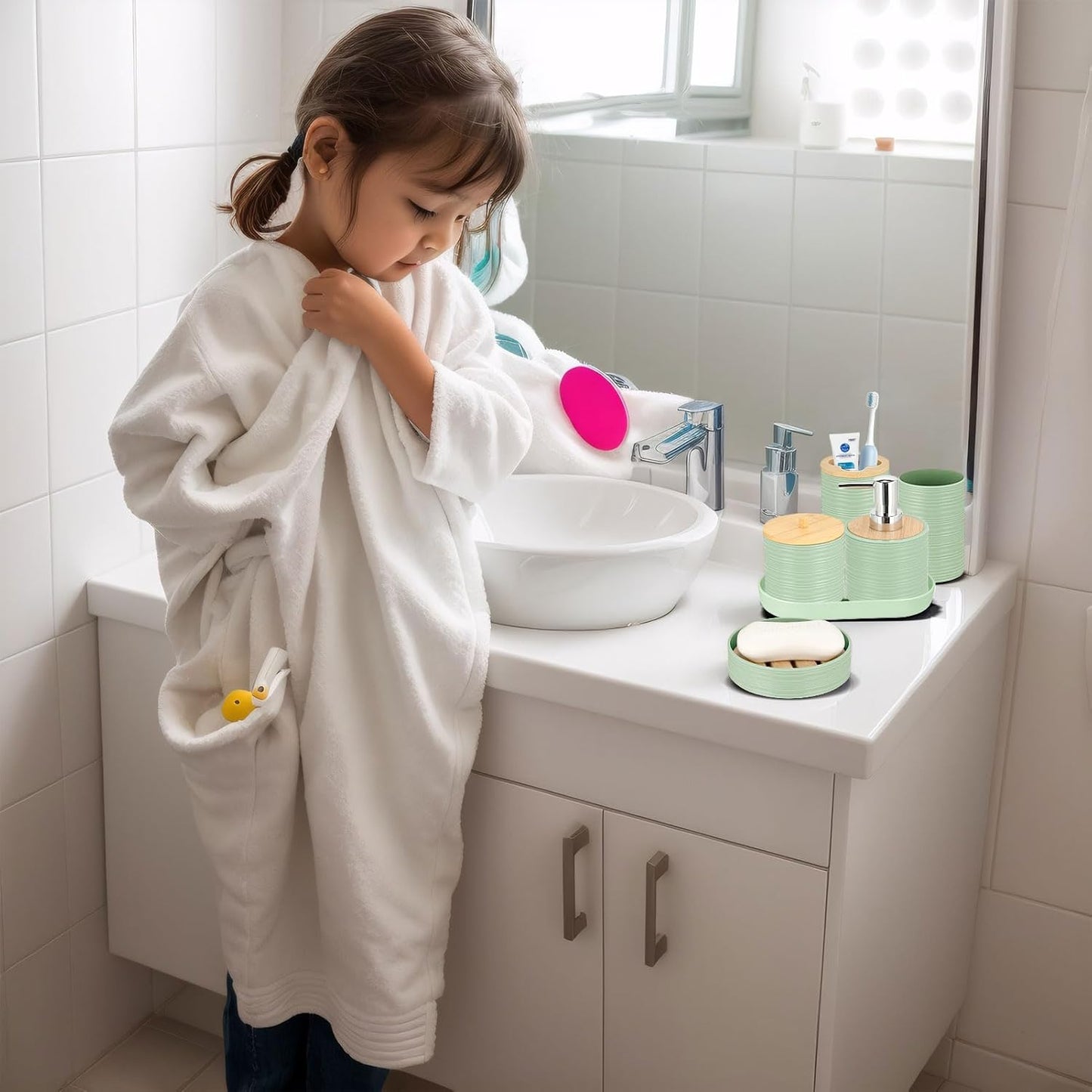 IMAVO Green Bathroom Set,26Pcs Bathroom Accessories Set with PVC Shower Curtain,Rugs,Trash Can,Tray,Soap Dispenser,Soap Dish,Toothbrush Holder,Toothbrush Cup,Toilet Brush Holder and Qtip Holders