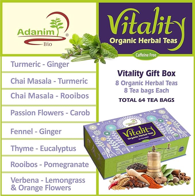 Adanim Bio Vitality Organic Herbal Tea Sampler Tea Set Variety Pack 8 Flavors Assorted Tea 64 Individually Wrapped Tea Bags Caffeine Free Natural Ingredients Christmas Tea Birthday Gift Box for Women