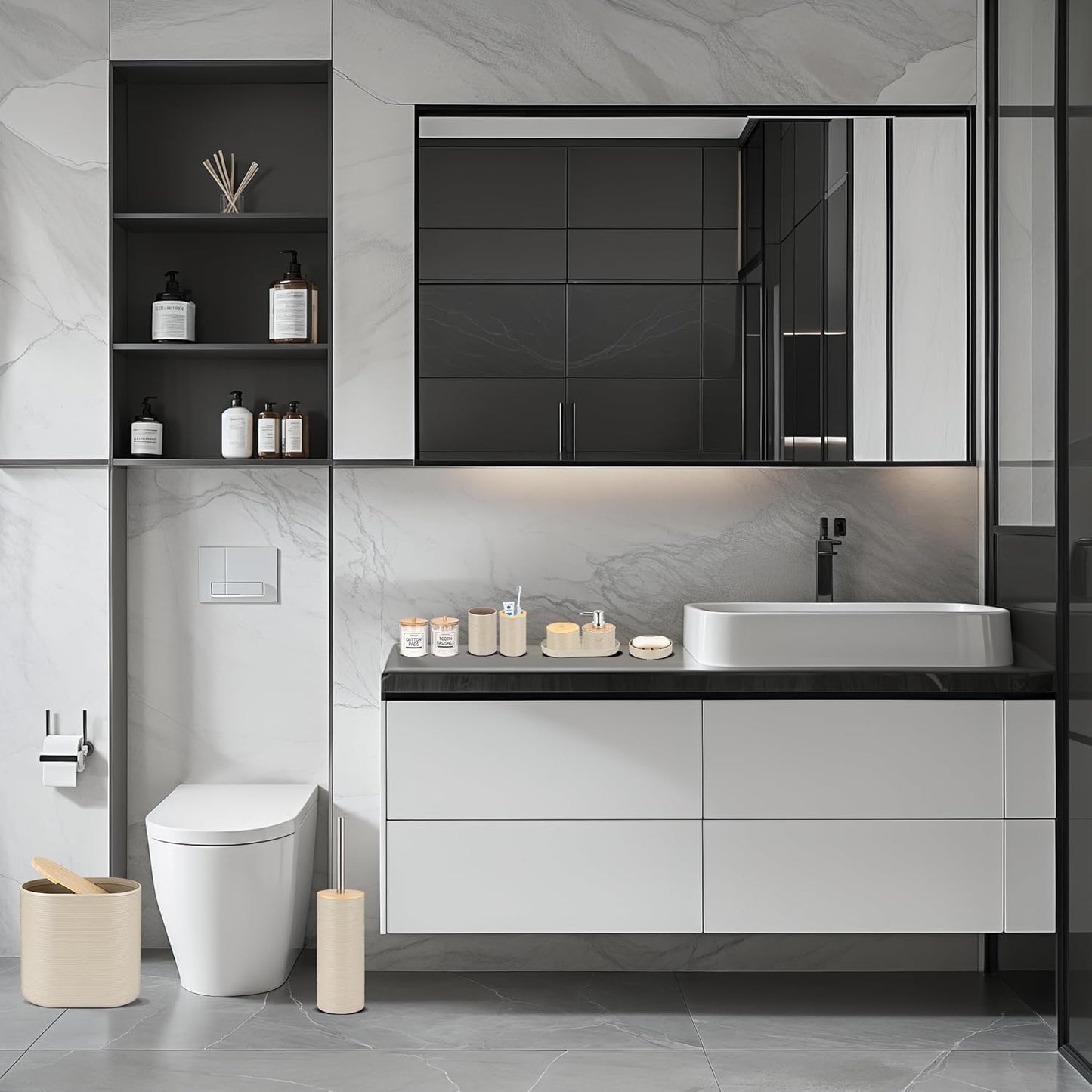 IMAVO Bathroom Accessory Set-11Pcs Beige Bathroom Accessories Set with Trash Can,Soap Dispenser,Soap Dish,Toothbrush Holder,Toothbrush Cup,Toilet Brush Holder,Qtip Holder Dispenser with Labels