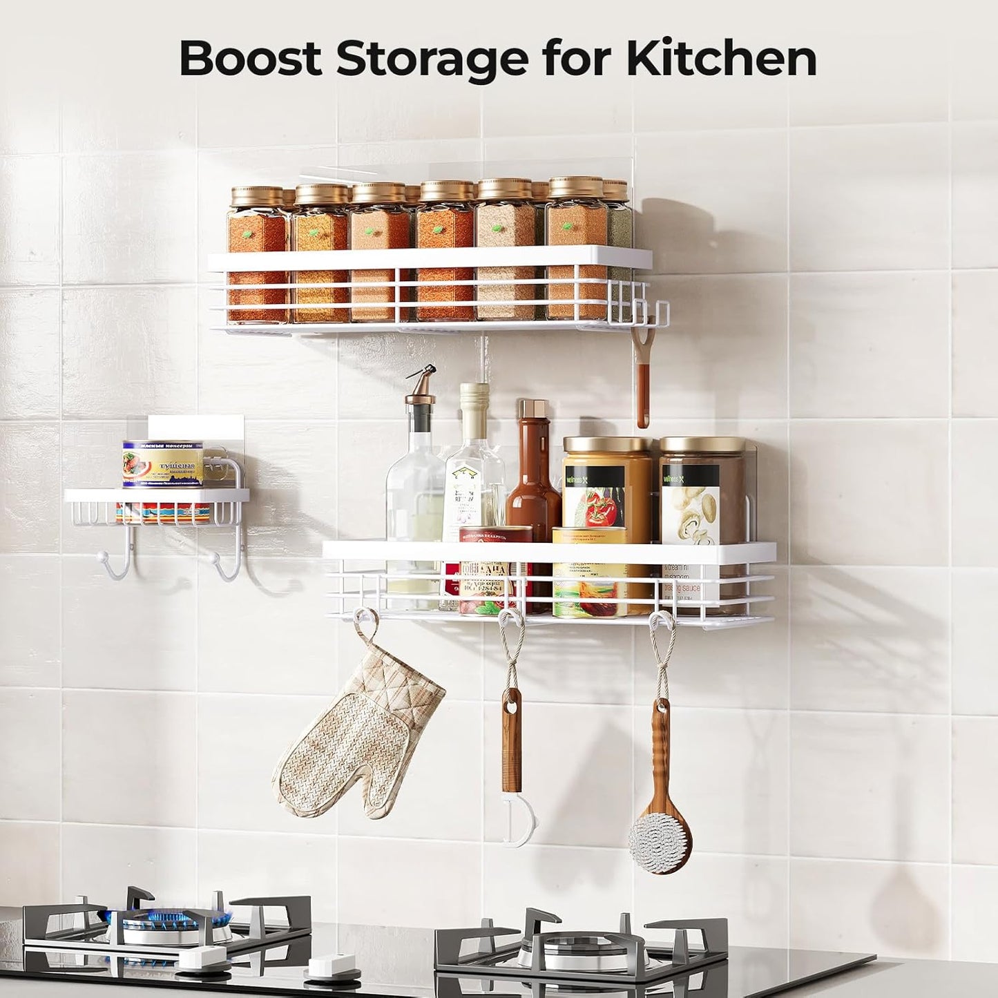 Orimade Adhesive Shower Caddy Soap Dish Holder Shelf with 5 Hooks Bathroom Organizer Basket Kitchen Storage Rack Wall Mounted No Drilling Stainless Steel - 3 Pack, White