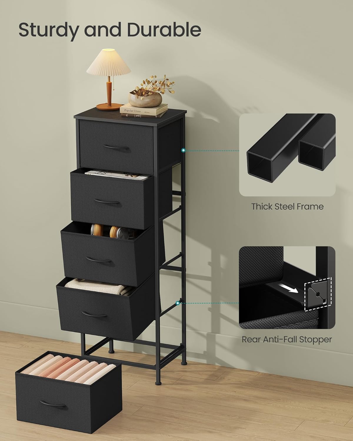 SONGMICS Dresser for Bedroom, Chest of Drawers, Steel, MDF, 5 Non-Woven Fabric Drawers, Storage Organizer Unit, Closet, Entryway, Ink Black and Ebony Black LGS315B01S