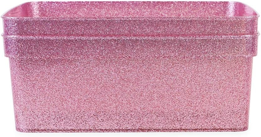 Isaac Jacobs Medium Glitter Storage Bin (14” x 11.5” x 5.5”) Set w/Cut-Out Handles, Plastic Organizer, Multi-Functional, Home Storage Solution, Kids Playroom, Bedroom, Closet (2, Pink)