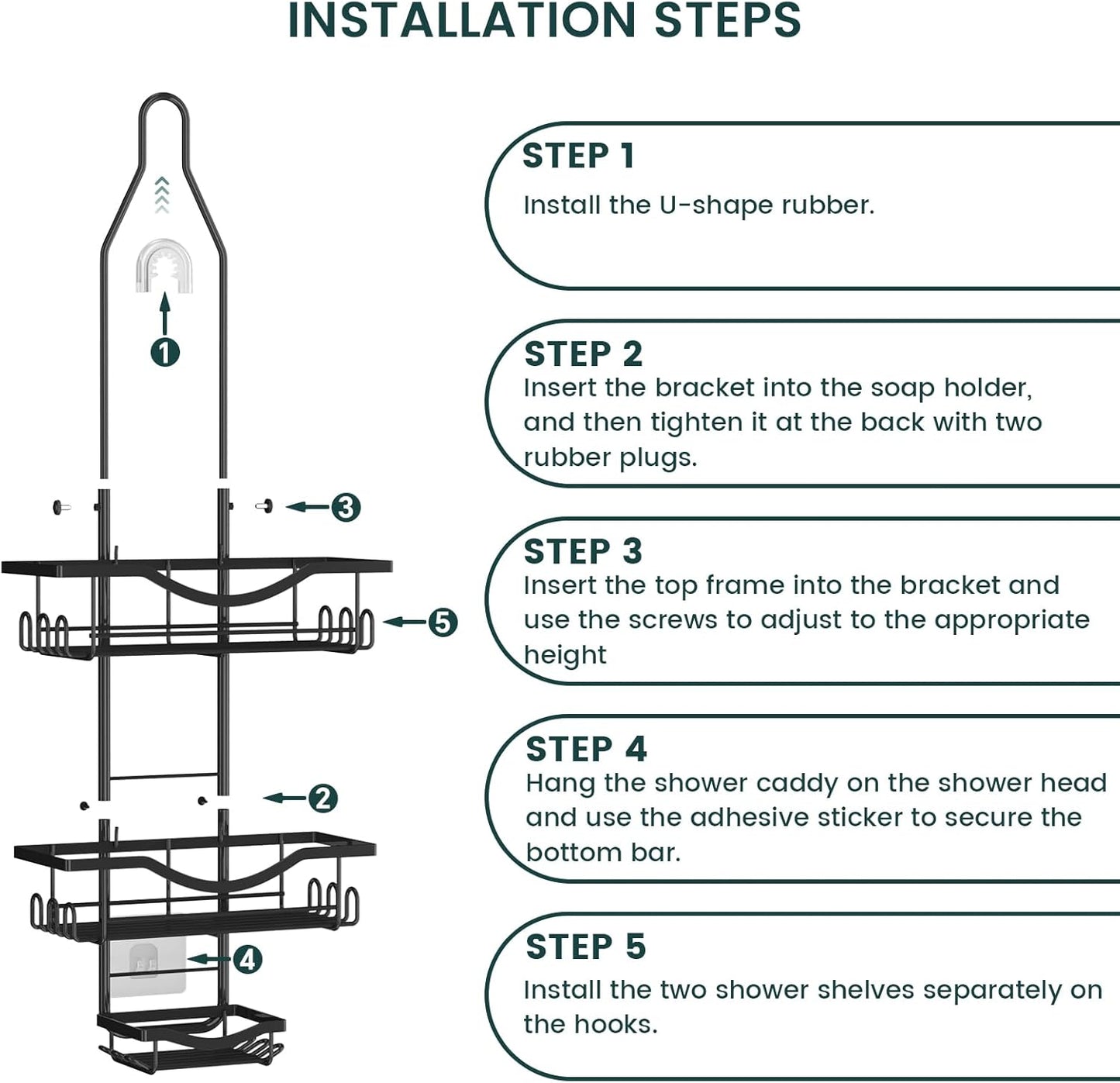 Shower Caddy Hanging Adjustable Shower Caddy, Rustproof Shower Organizer Extended Length Shower Caddy Over Shower Head with Hooks Soap Holder, Large Capacity Anti-Swing Bathroom Organizer, Black