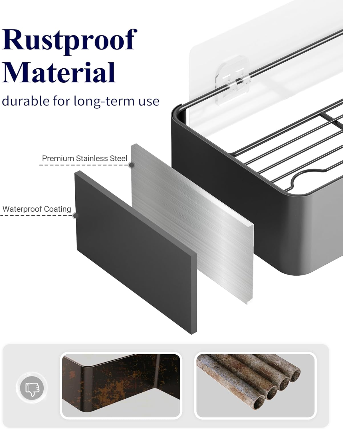 Kitsure Shower Caddy - 2 Pack Adhesive Shower Organizer, Rustproof Metal Shelves, No-Drill Bathroom Organizers and Storage, Dark Grey, XX-Large