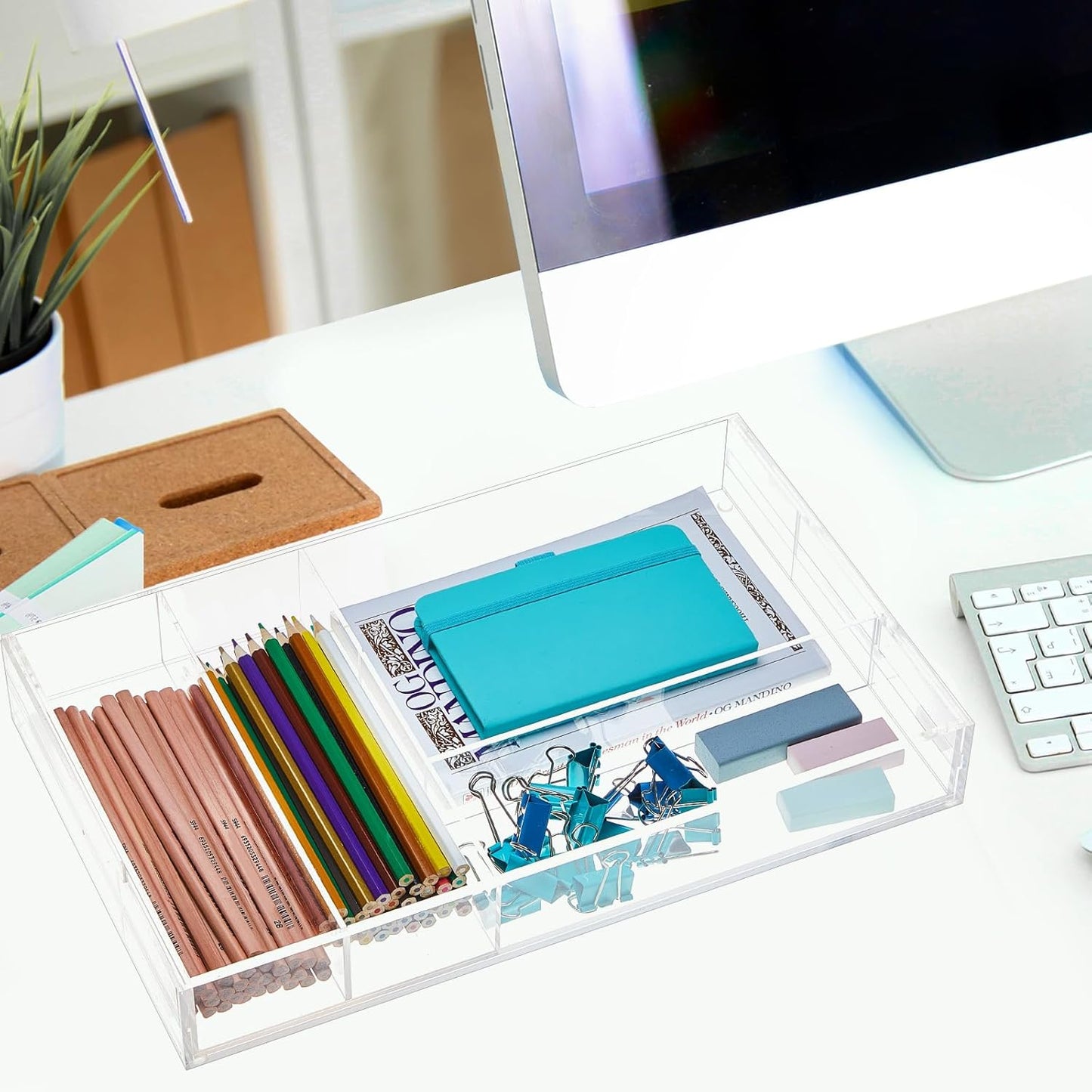 1 Pcs Acrylic Drawer Organizer Maximum 15 x 18 x 2 Inch Expandable Drawer Organizer Pens Notebook Ruler Makeup Tray with 7 Adjustable Compartments for Desk Office Kitchen Bathroom (Clear)