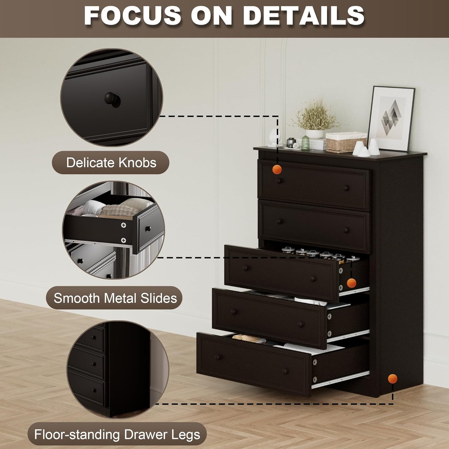 5 Drawer Dresser for Bedroom, Tall Wooden Chest of Drawers with Spacious Top, Modern Storage Organizer Cabinet for Closet, Nursery, Living Room, 15.7" D x 31.5" W x 45.7" H (Chocolate)