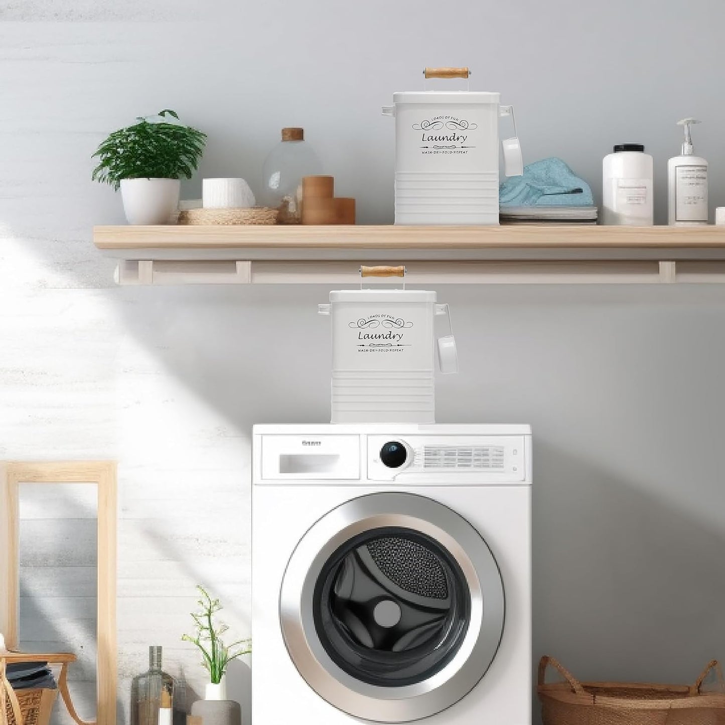 SSTATES Laundry Room Organization Set, Metal Laundry Detergent Pods Container and Dryer Sheet Holder with Lid, Laundry Powder Storage Bin with Scoop for Farmhouse Decor, (2 Pack, White)