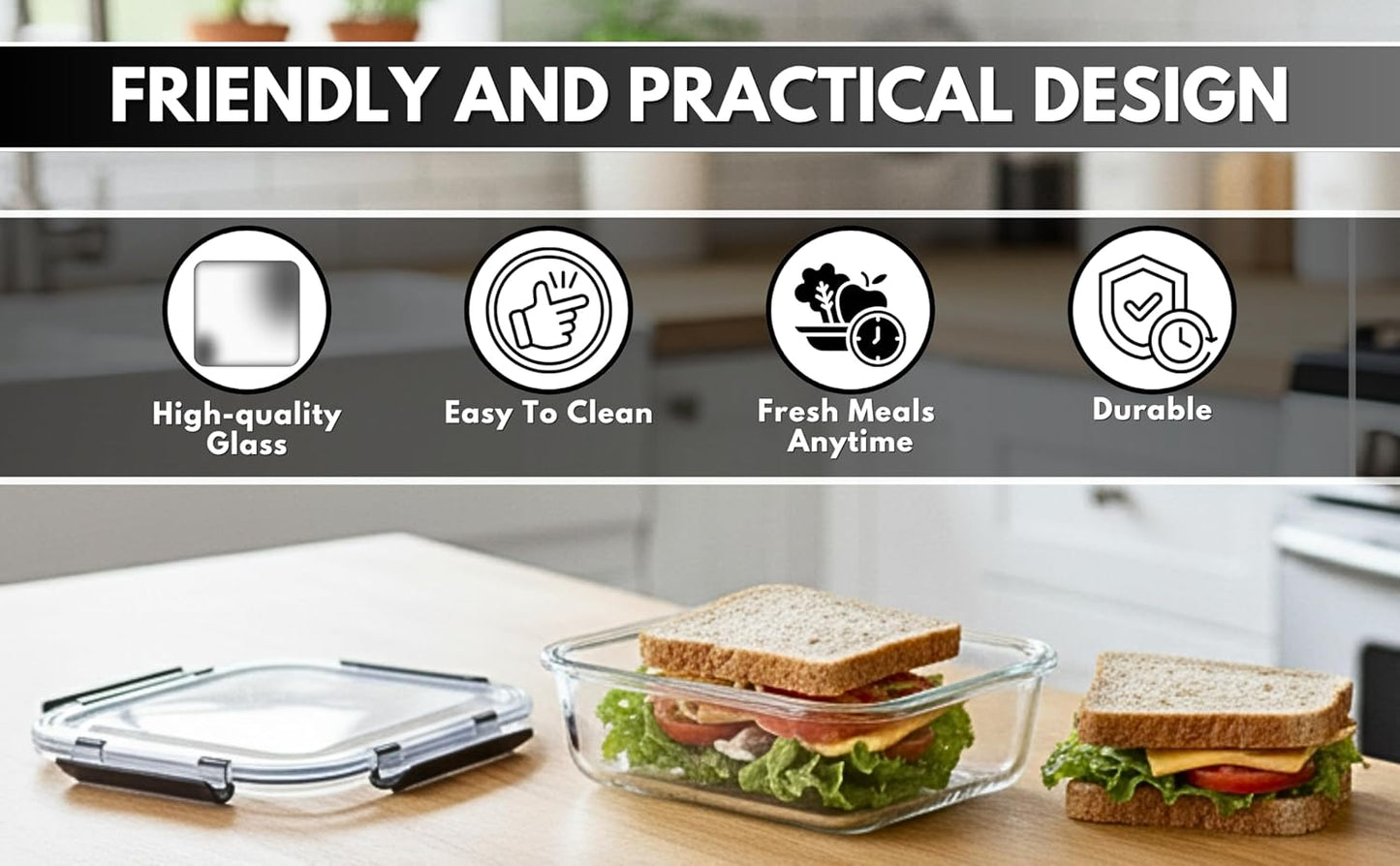 5-Pack Borosilicate Glass Food Containers 35oz, Airtight BPA-Free Meal Prep Containers with Locking Lids, Oven, Microwave & Dishwasher Safe Storage Set