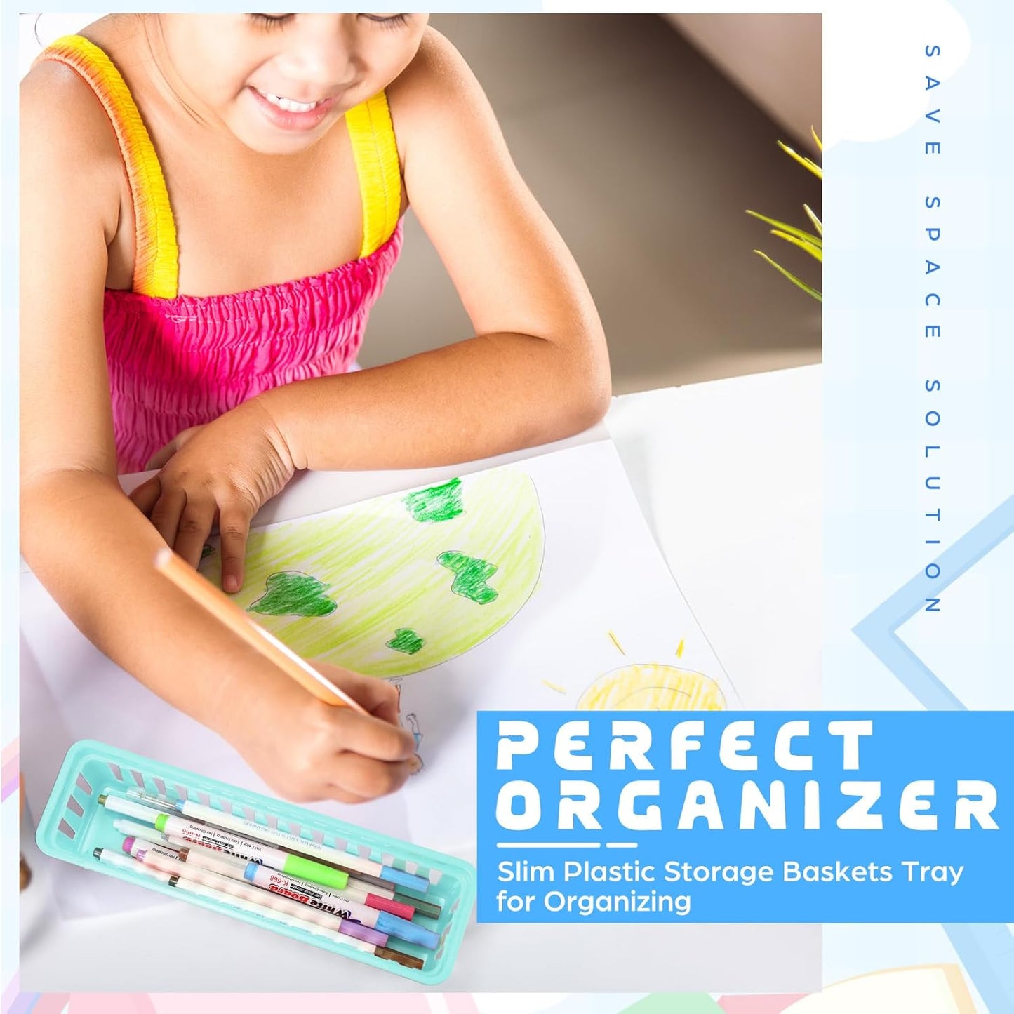 6 Pcs Morandi Slim Plastic Storage Baskets Tray 10 x 3 x 2.5 Inch Compact Stackable Desk Organizer for Office, Classroom, School Supplies, and Home Storage, Organization(Morandi)