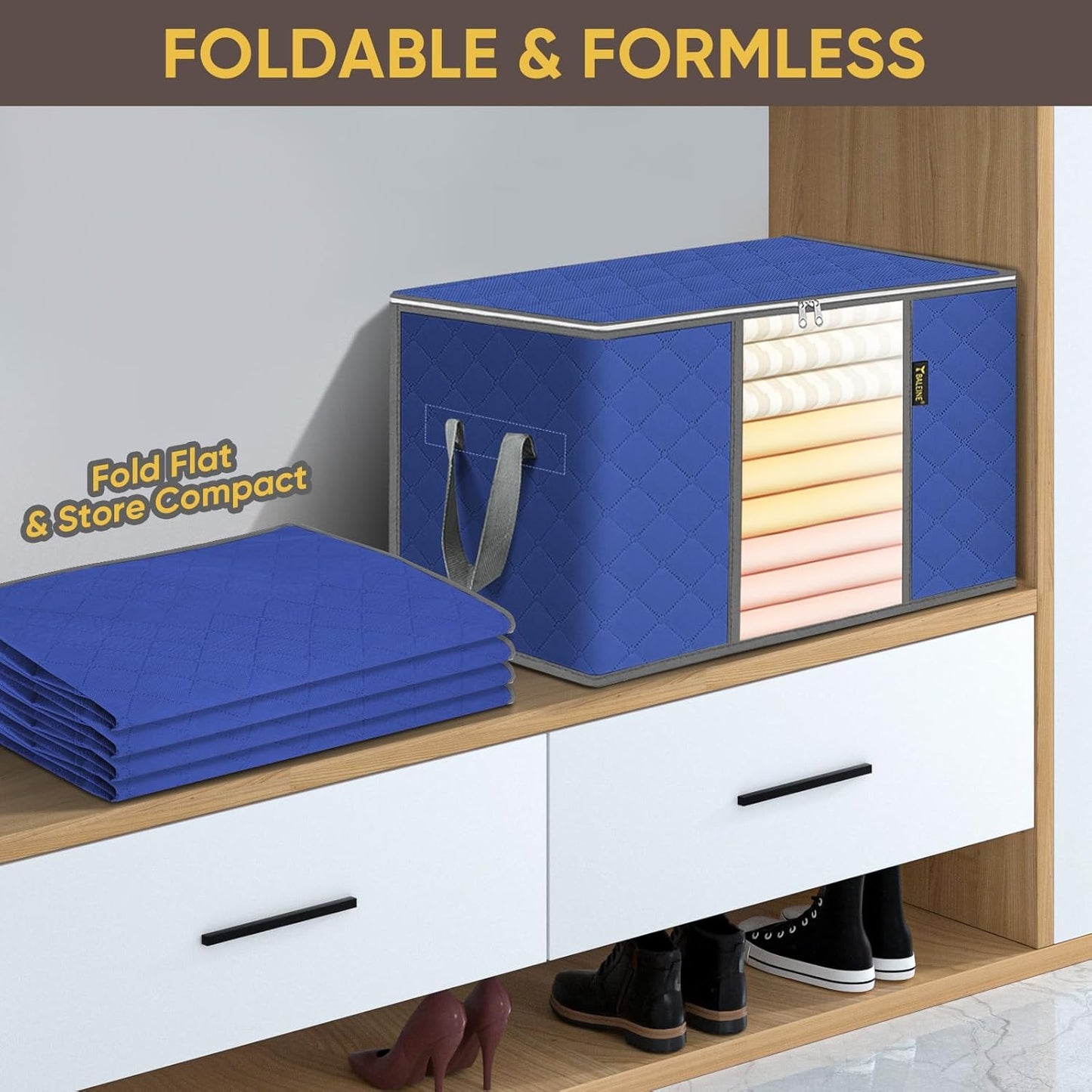 BALEINE 6 Pack Clothes Storage Bags, 24 Gallon Storage Containers with Reinforced Handle, Sturdy Zipper, Closet Organizer for Blanket, Comforter, Pillow, Bedding (Blue, 6 Pack)