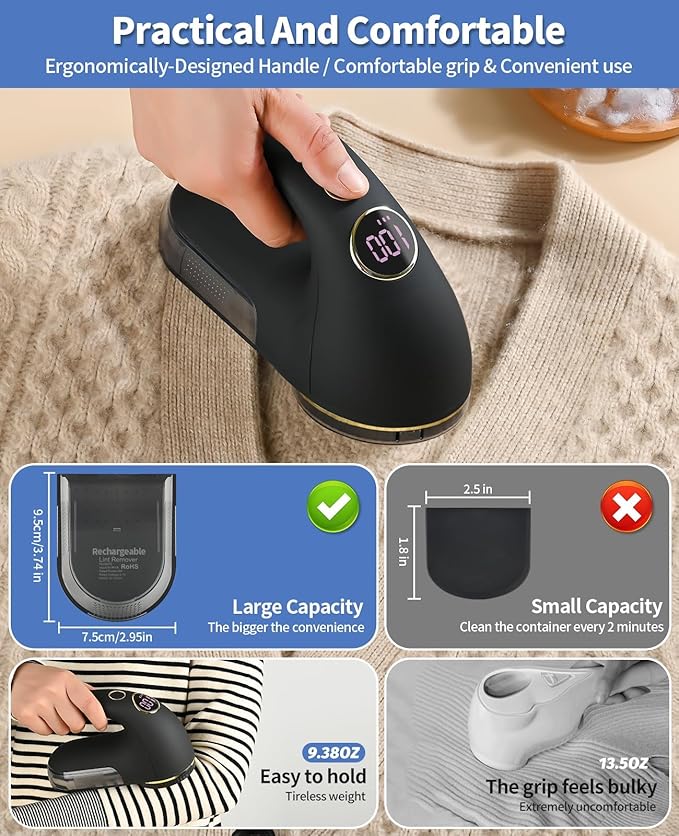 Fabric Shaver, Electric Lint Remover Rechargeable with LED Display, 6-Leaves Blades, 3-Speeds Adjustment, Sweater Shaver to Remove Fuzz, Lint, Pills for Clothes and Furniture, Black