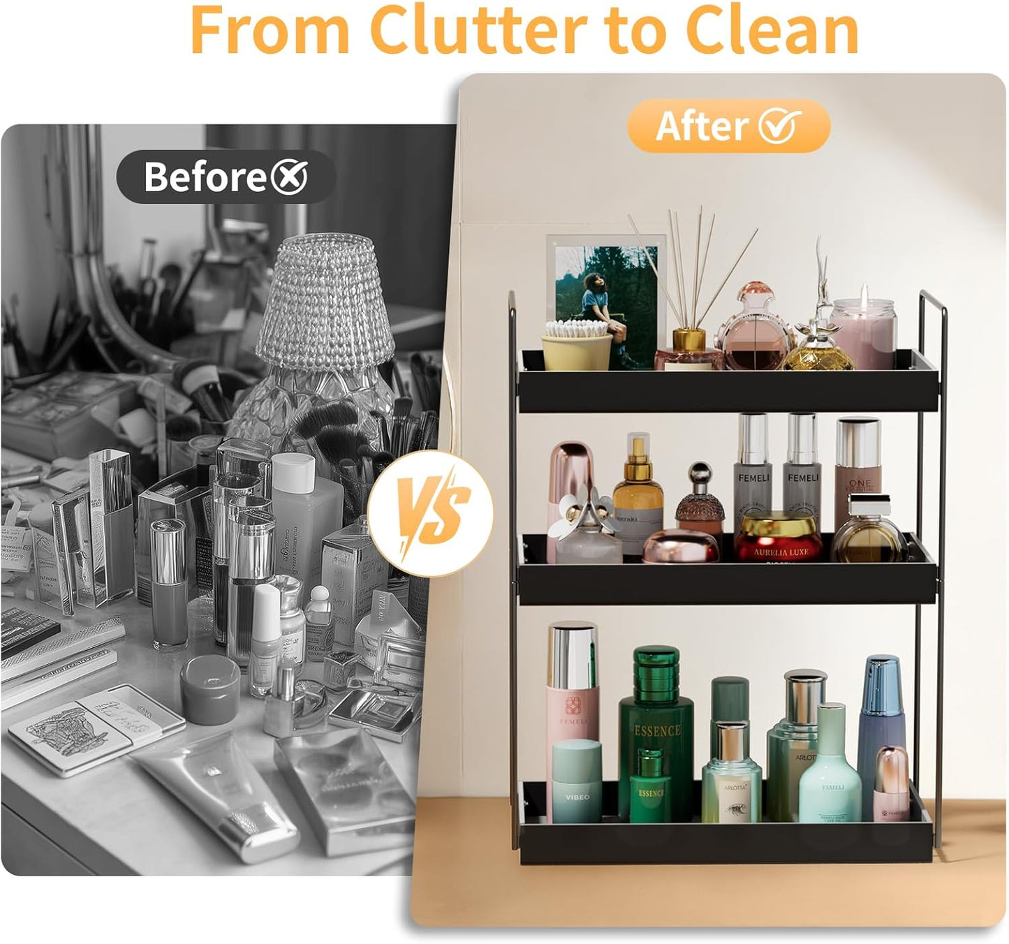 Bathroom Countertop Organizer, 3 Tier Metal Vanity Counter Skincare Shelf, Matte Black Under Sink Standing Rack With Acrylic Tray, Home Storage Holder For Lotion Makeup Cosmetics Perfume Spice