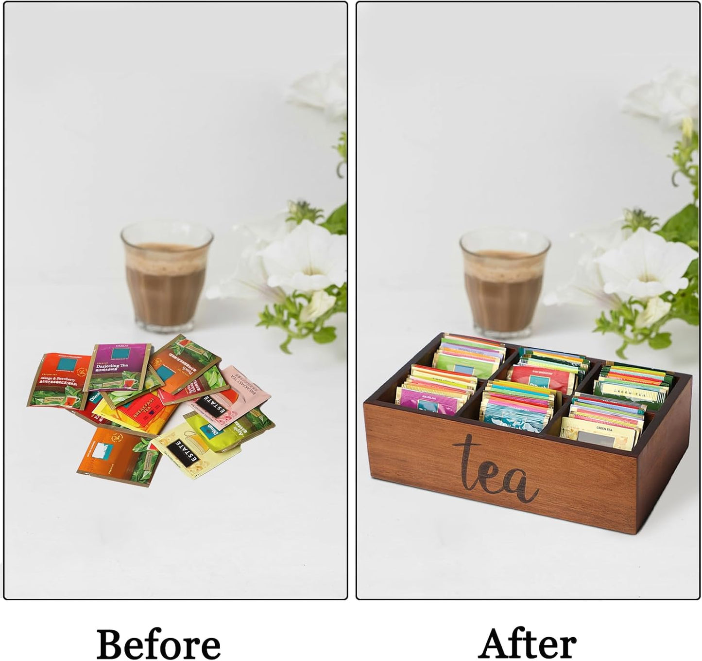 Tea Bag Organizer,Acacia Wood Tea Storage Containers with 6 Compartments, Sugar Packet Holder,Tea Bag Caddy Box for Cabinet Countertop Office (Brown-Labeled "Tea")