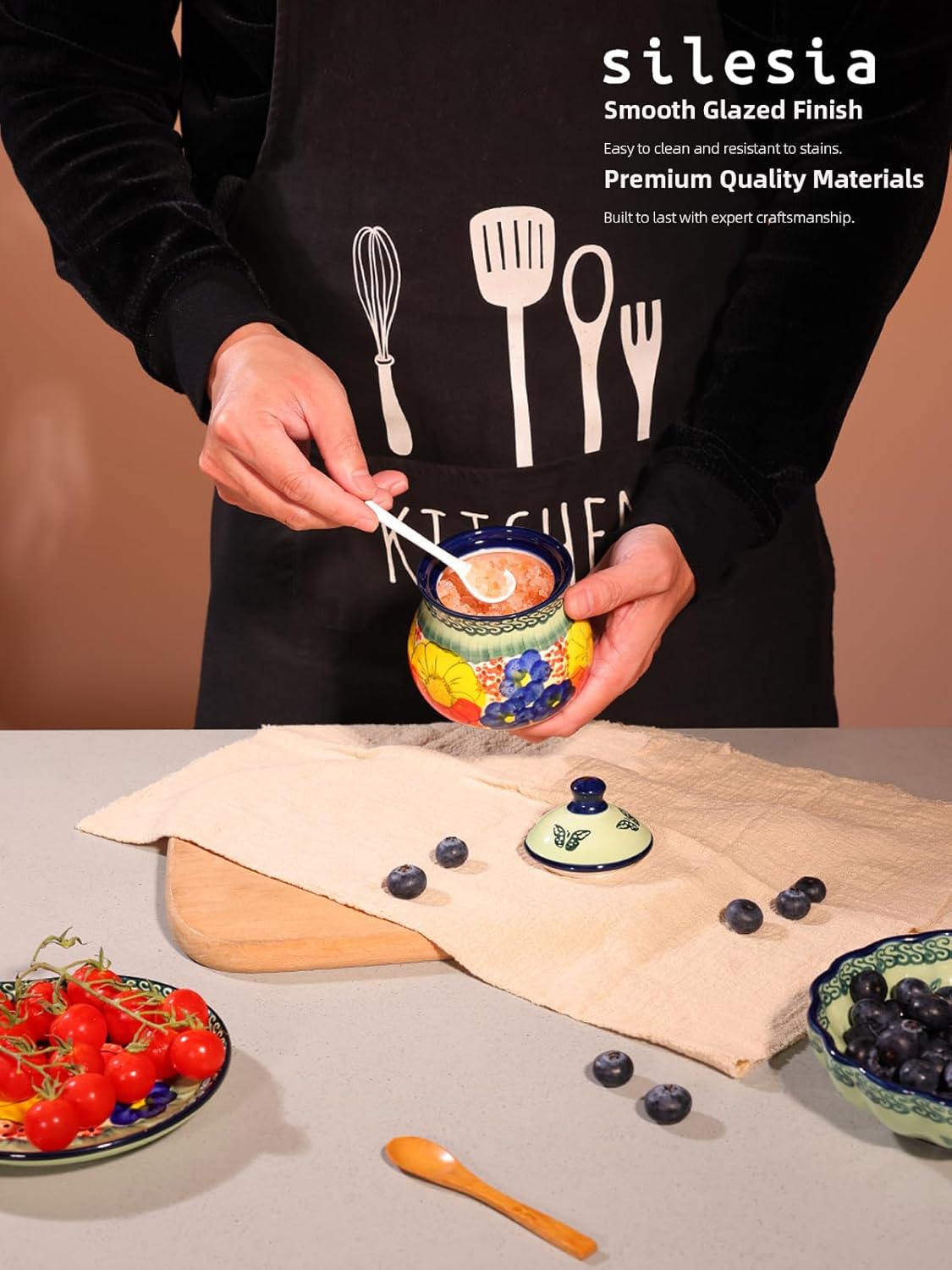 silesia Handmade Sugar Bowl with Lid and Spoon, 9 Ounce Ceramic Hand-Painted Sugar Jar for Home in Gift Box, Kitchen Decor, Oven, Dishwasher & Microwave Safe, Glazed Green