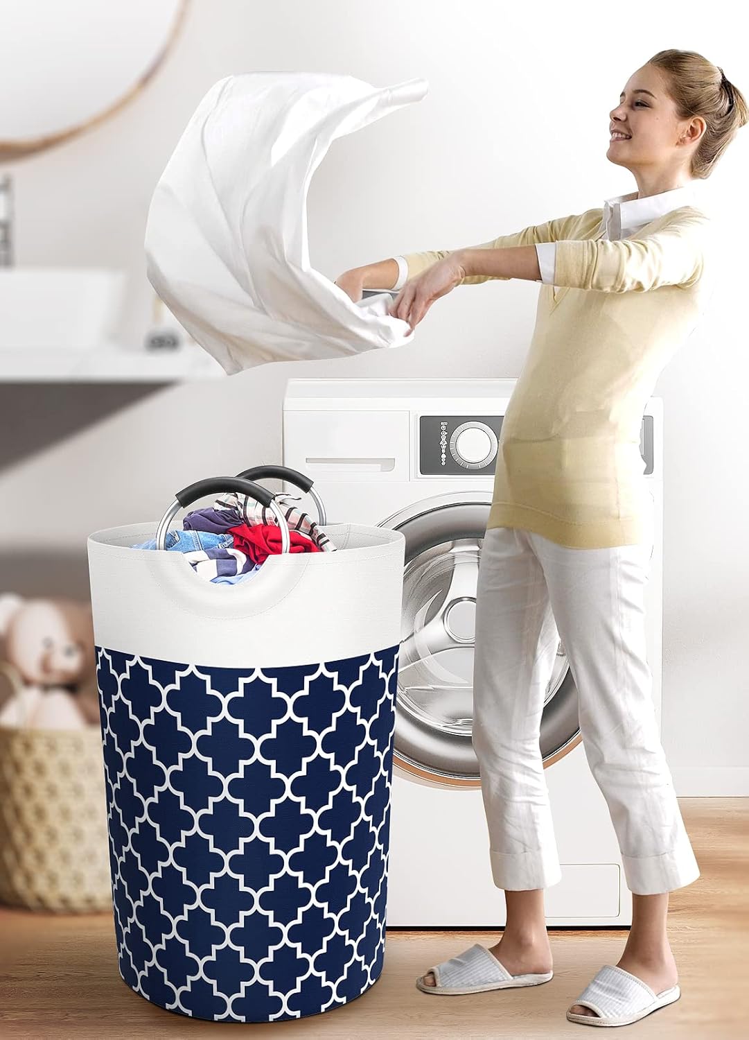 Large Laundry Basket Laundry Hamper Bag Washing Bin Clothes Bag Collapsible Tall with Handles Waterproof Travel Bathroom College Essentials Storage for College Dorm, Family (Blue) 115L