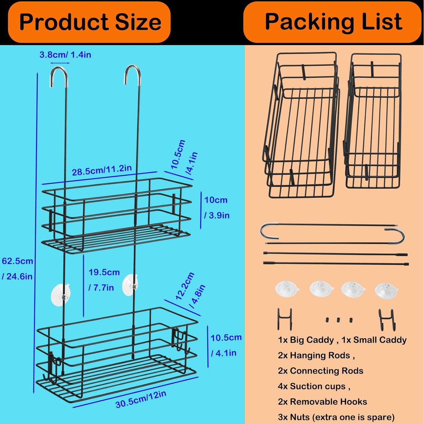 Shower Organizer Hanging Shower Caddy with Rotatable Hook bar Over the Door and Can be Hung on the Faucet or Claw Foot, Stainless Steel Rust Proof and Durable (Black)