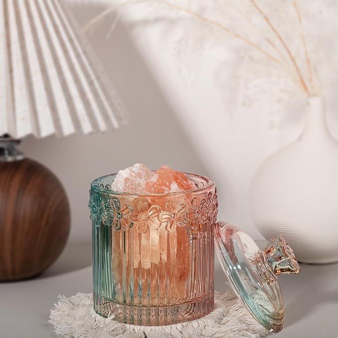 rejomiik 2 Pack Qtip Holder Glass Apothecary Jars with Lids Set Bathroom Canisters Dispenser Organizers and Storage for Cotton Swabs, Balls, Pads, Floss Picks, Candy, Rainbow