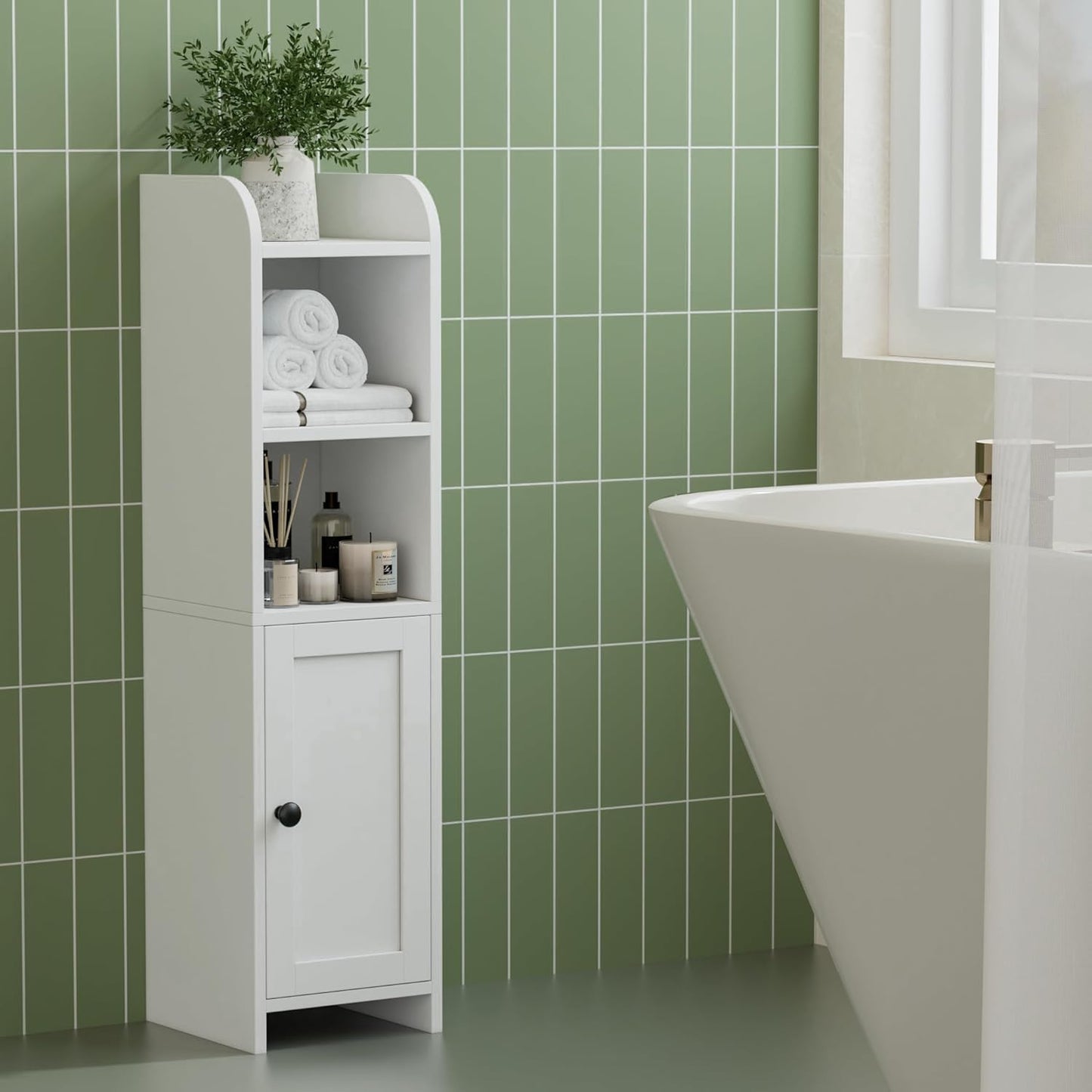 Homhedy Small Bathroom Storage Corner Floor Cabinet with Door and Shelves, Beside The Toilet Paper Stand for Skinny, Narrow Toilet Paper Cabinet, 9.8" D x 7.9" W x 31" H, White