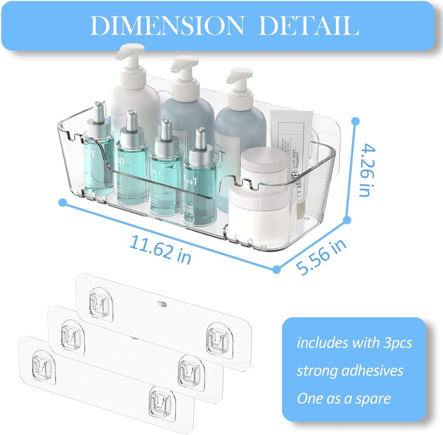 TZAMLI Acrylic Shower Caddy, Wall Mounted Adhesive Shelves with Lip, No Drilling Shower Organizer Clear Shelf for Bathroom Toilet Kitchen Storage, Large Long