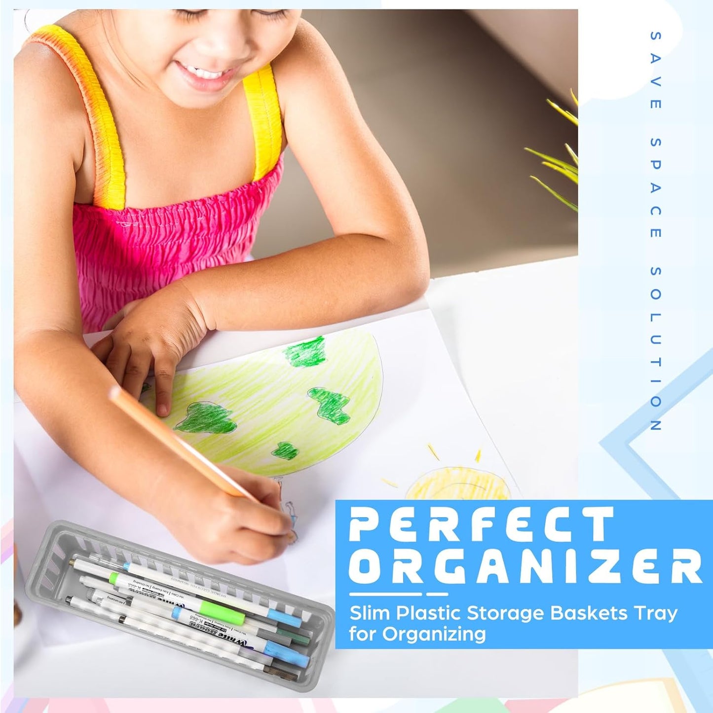 6 Pcs Gray Slim Plastic Storage Baskets Tray 10 x 3 x 2.5 Inch Compact Stackable Desk Organizer for Office, Classroom, School Supplies, and Home Storage, Organization(Gray)