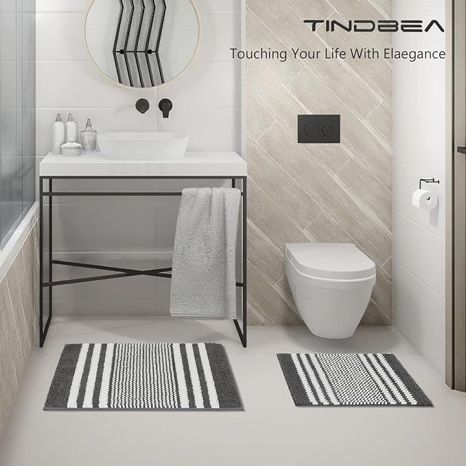 Tindbea Bathroom Rugs Set 2 Piece, Extra Soft and Absorbent Fluffy Striped Chenille Bath Mat Rug Set, Non Slip Bathroom Floor Mat, Machine Washable (20" x 32" Plus 16" x 24", Dark Gray)