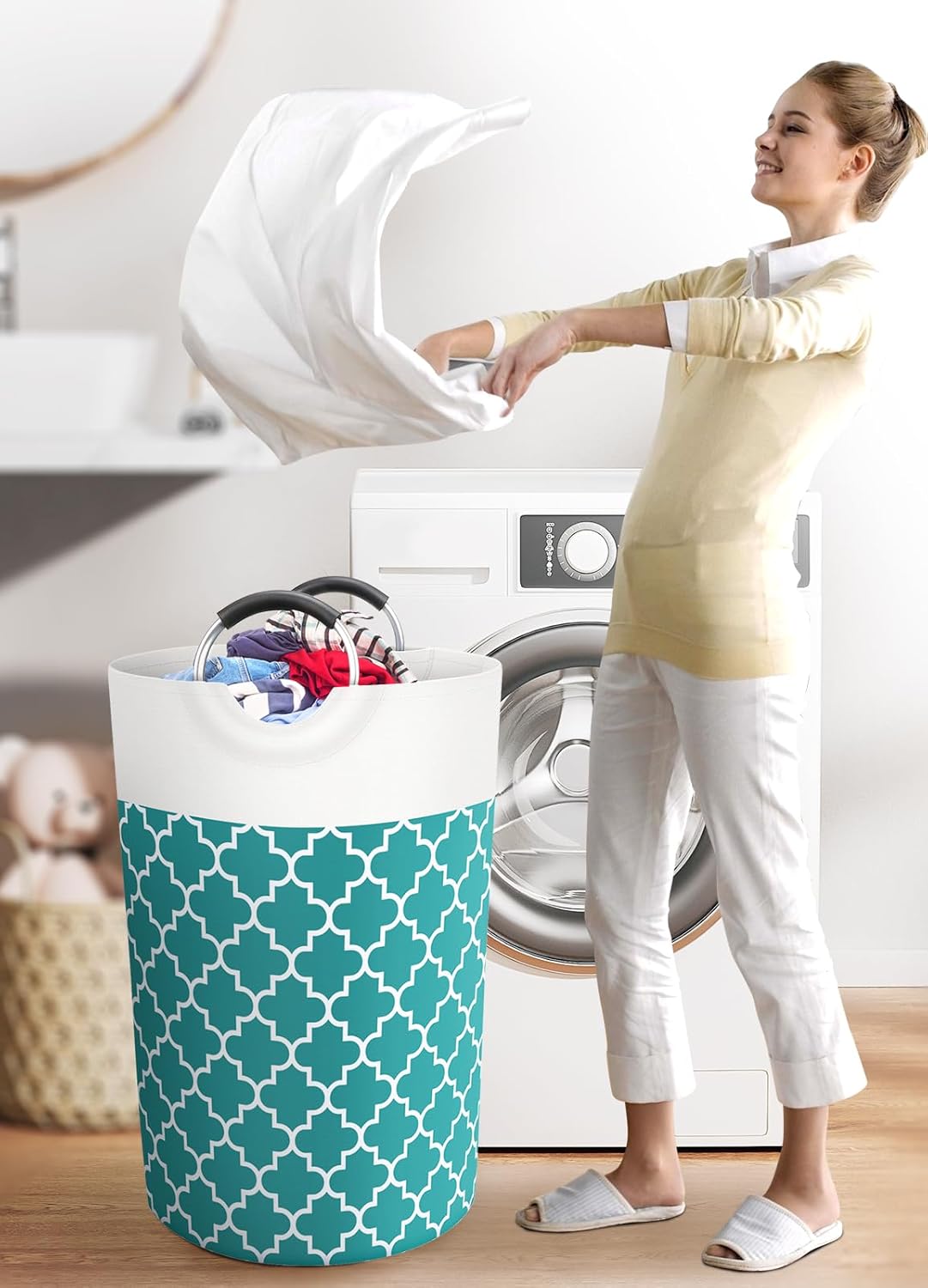 Large Laundry Basket Laundry Hamper Bag Washing Bin Clothes Bag Collapsible Tall With Handles Waterproof Travel Bathroom College Essentials Storage For College Dorm, Family (Green)115L