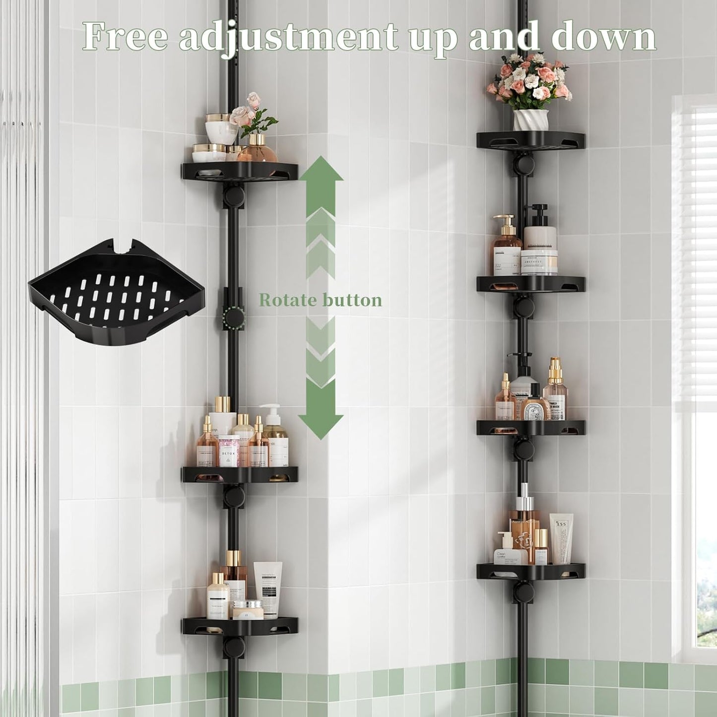Tension Pole Shower Caddy Organizer with4 Tier L-Shaped Rust Resistant Bathroom Corner Shelves with 34-124 Inch Adjustable No Drilling Quick Install Shower Rack for Bath Essentials (Black)
