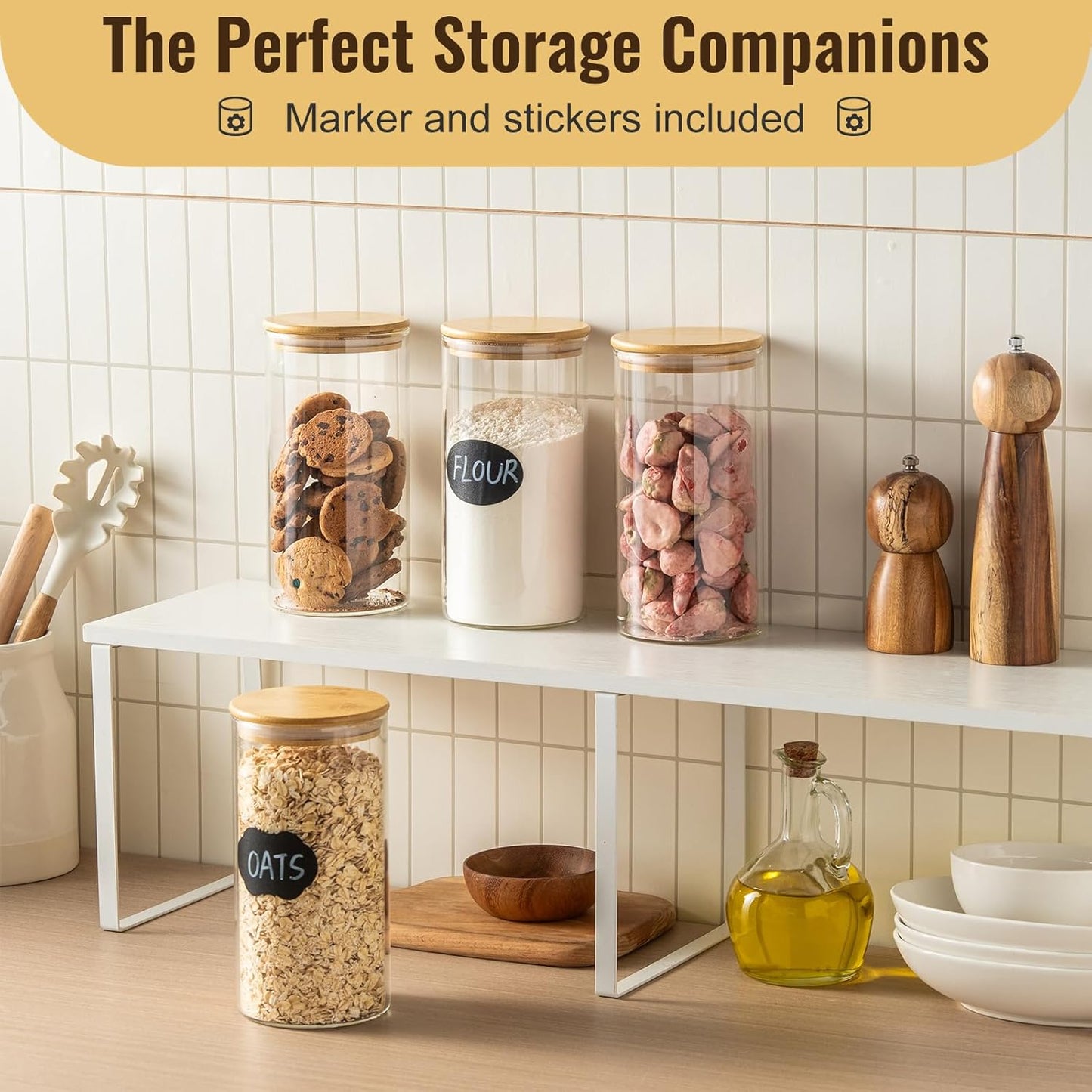 4 Pack 42oz Glass Jars with Bamboo Lids,Glass Storage Containers with Lids,Clear Airtight Food Storage Jar for Flour,Oat,Coffee,Tea,Sugar,Cookies,Pantry Organizers 3mm Thick Canisters