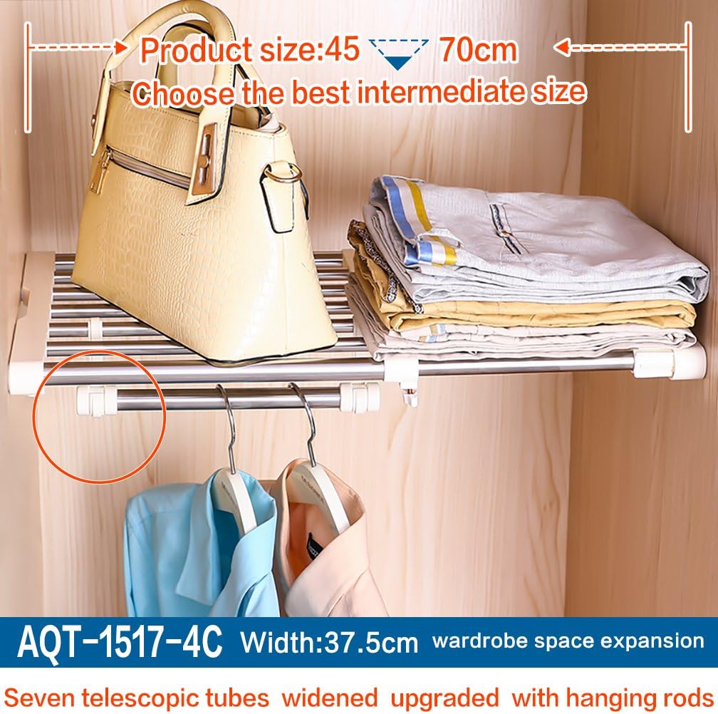 Hershii Closet Tension Shelf Expandable Telescopic Rod Heavy Duty Clothes Hanging Rail Adjustable DIY Storage Organizer Shoe Rack 7-Bar Extention for Garage Bathroom Kitchen Bedroom