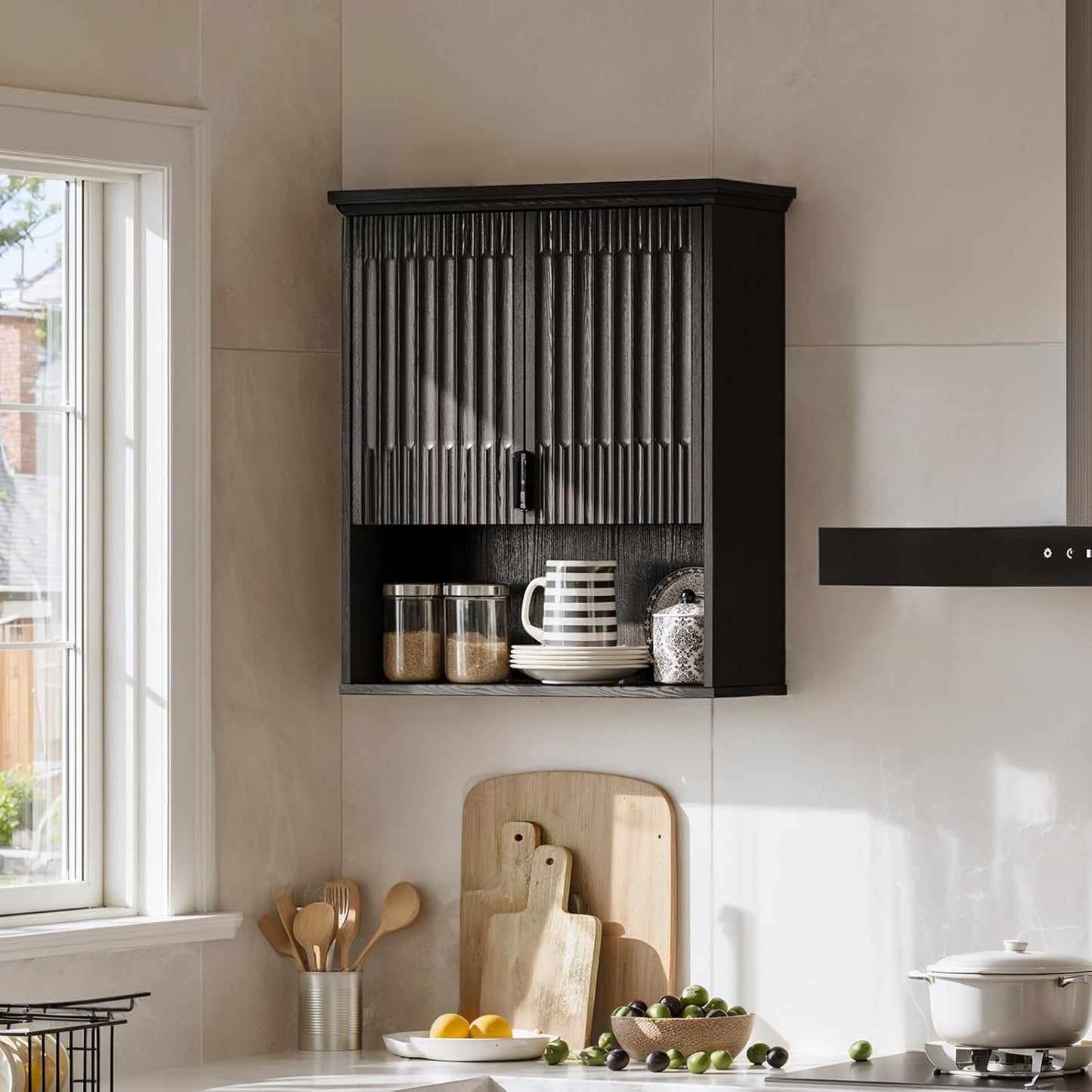 FLOWBACK Wall Mount Bathroom Cabinet, Wooden Medicine Cabinet Storage Organizer with Fluted Doors and Adjustable Shelf, Over The Toilet Space Saver Storage Cabinet (Black)