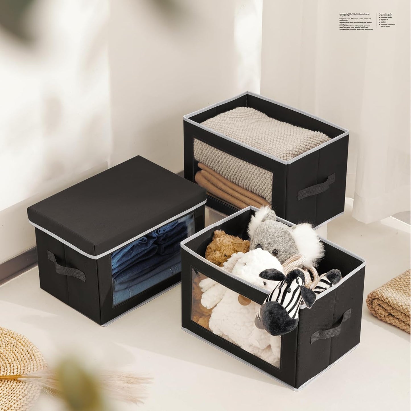 Cube Storage Bins with Lids, Clear Window Storage Baskets for Organizing, Fabric Organizer Bins with Handle, Cloth Storage Bins for Shelves, Closet, Clothes, Towels, 4 Packs, Black
