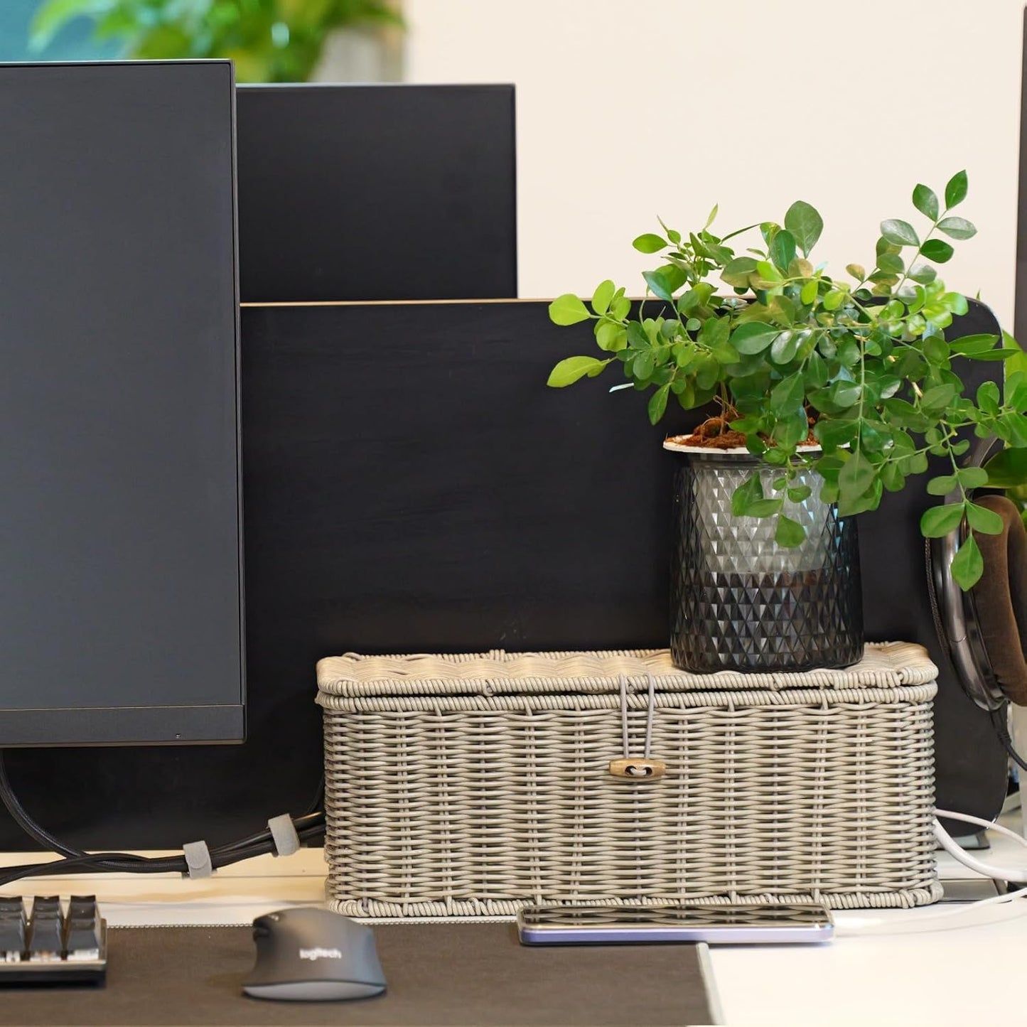 BROWNLILY Cable Management Box, Rattan Style Cord Organizer for Desk Cord Hider Outlet Covers Baby Proofing for Power Strip TV PC Router Charger Under Desk Storage with Lockable Lid and Cable Ties